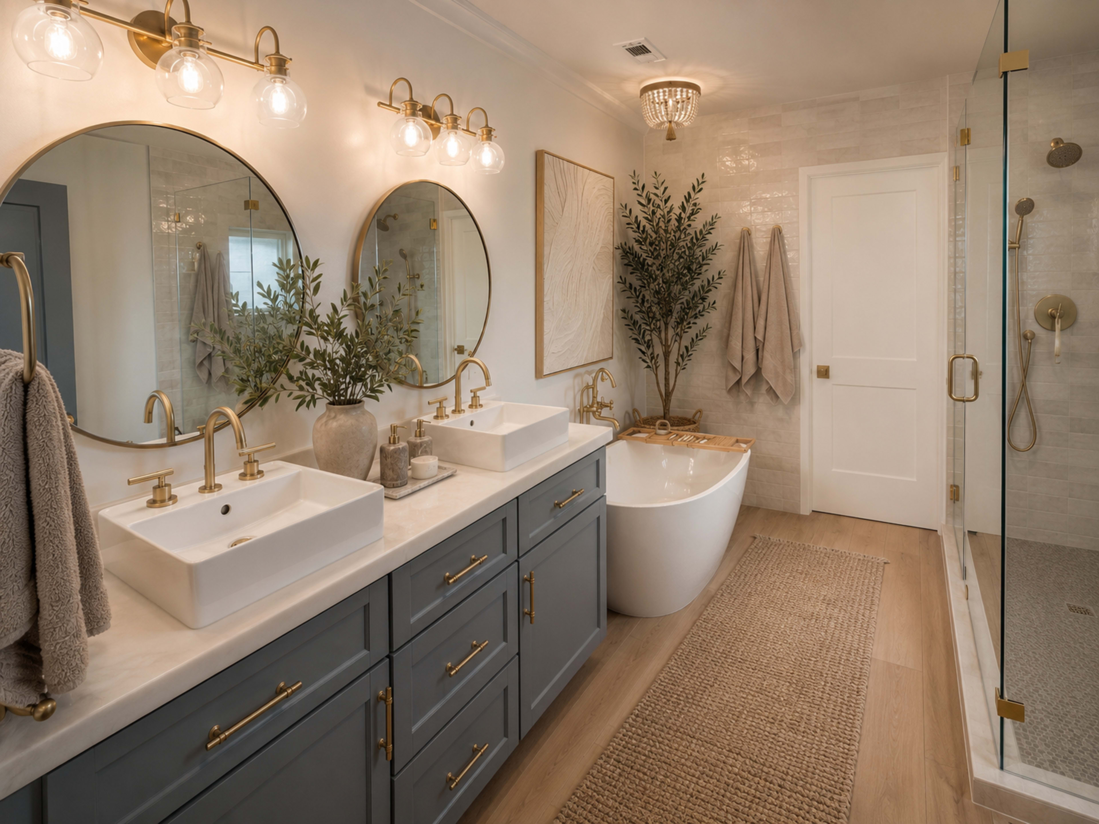The image shows a modern bathroom featuring dual sinks with gold fixtures, a freestanding bathtub, and a glass shower enclosure, all complemented by neutral tones and elegant lighting.