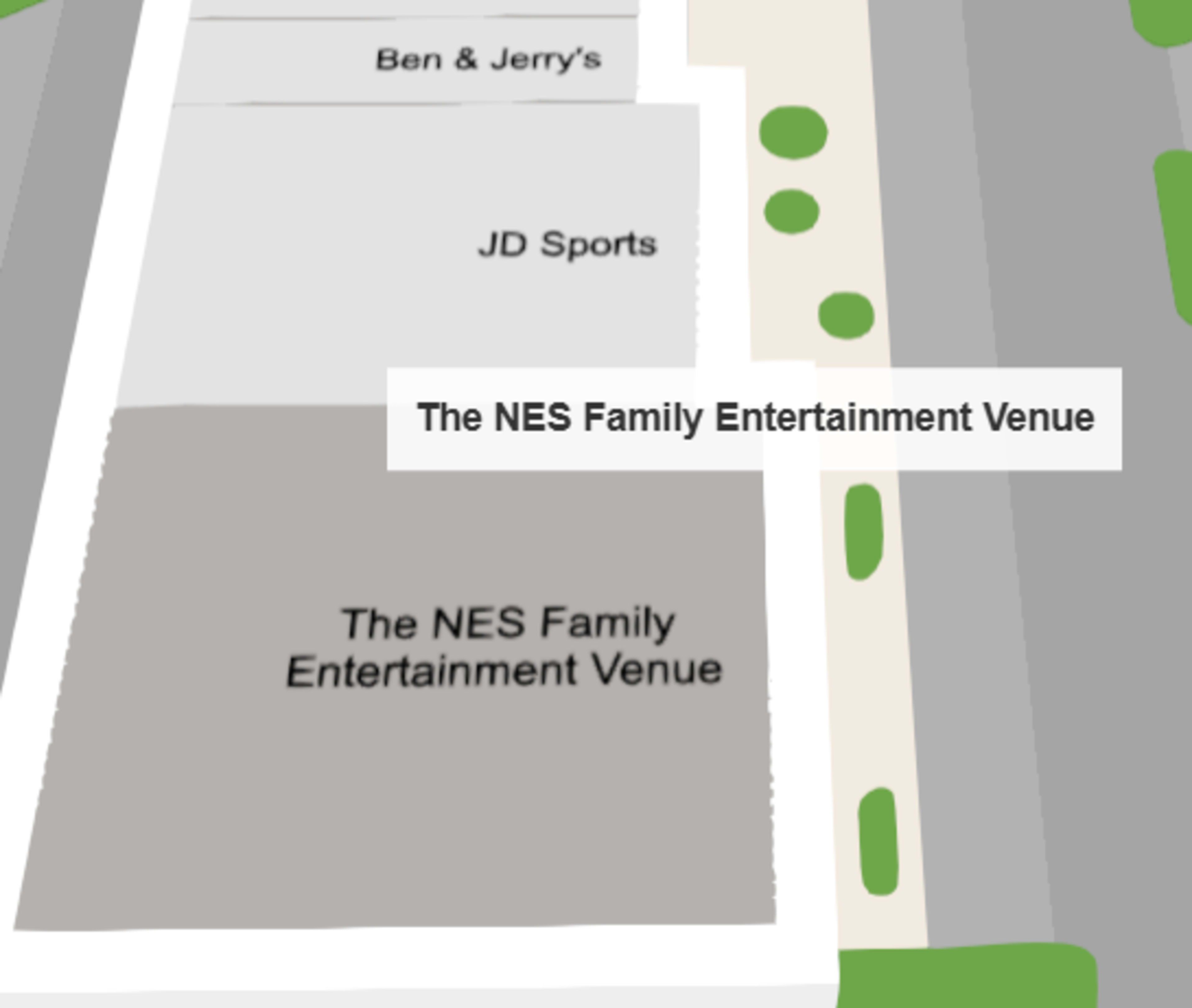 The image shows a map layout indicating locations for Ben & Jerry's, JD Sports, and two identical labels for The NES Family Entertainment Venue.