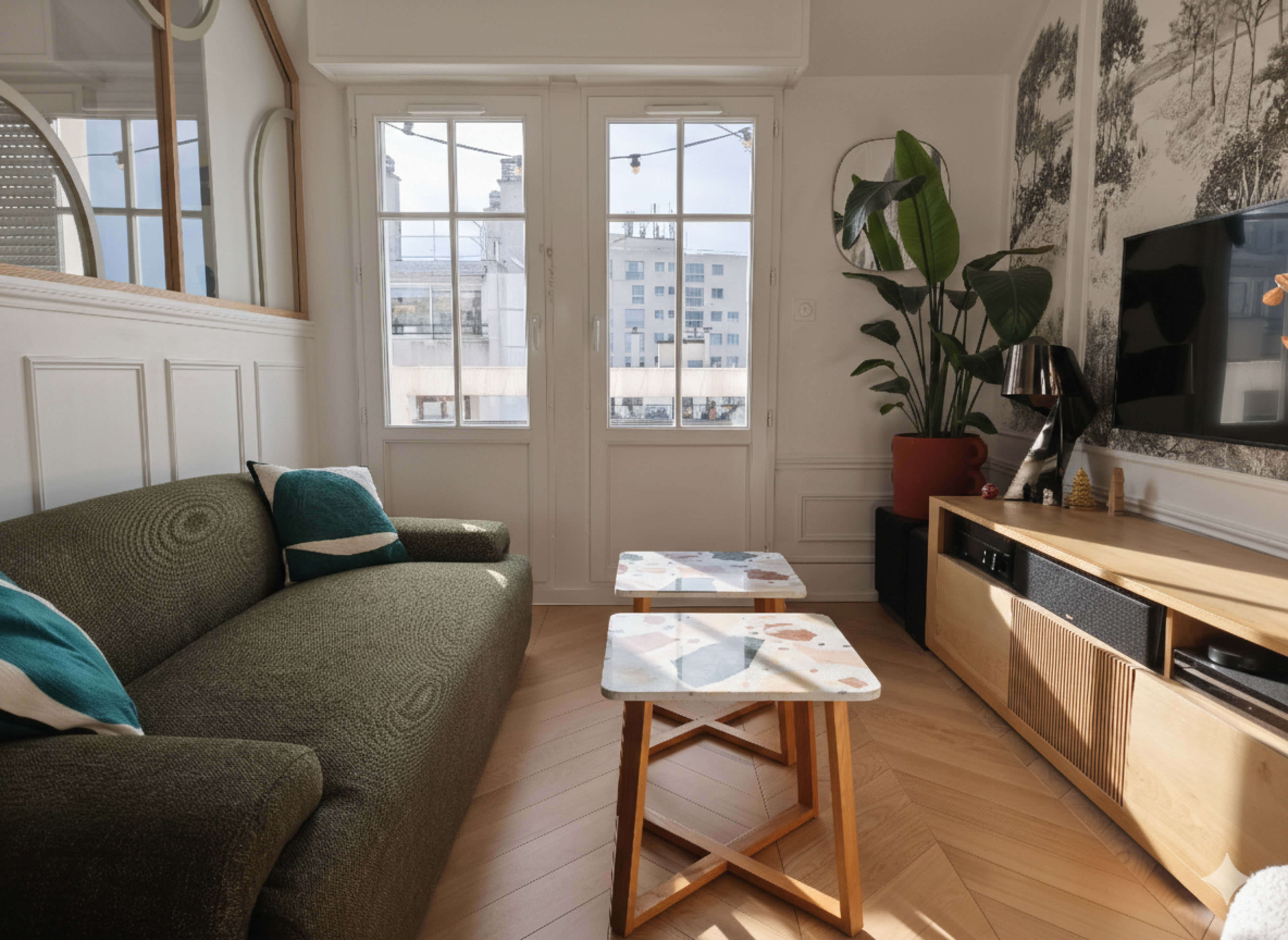 A cozy living room features a green couch, two small tables, and large windows providing natural light, with decorative plants and wall art in the background.