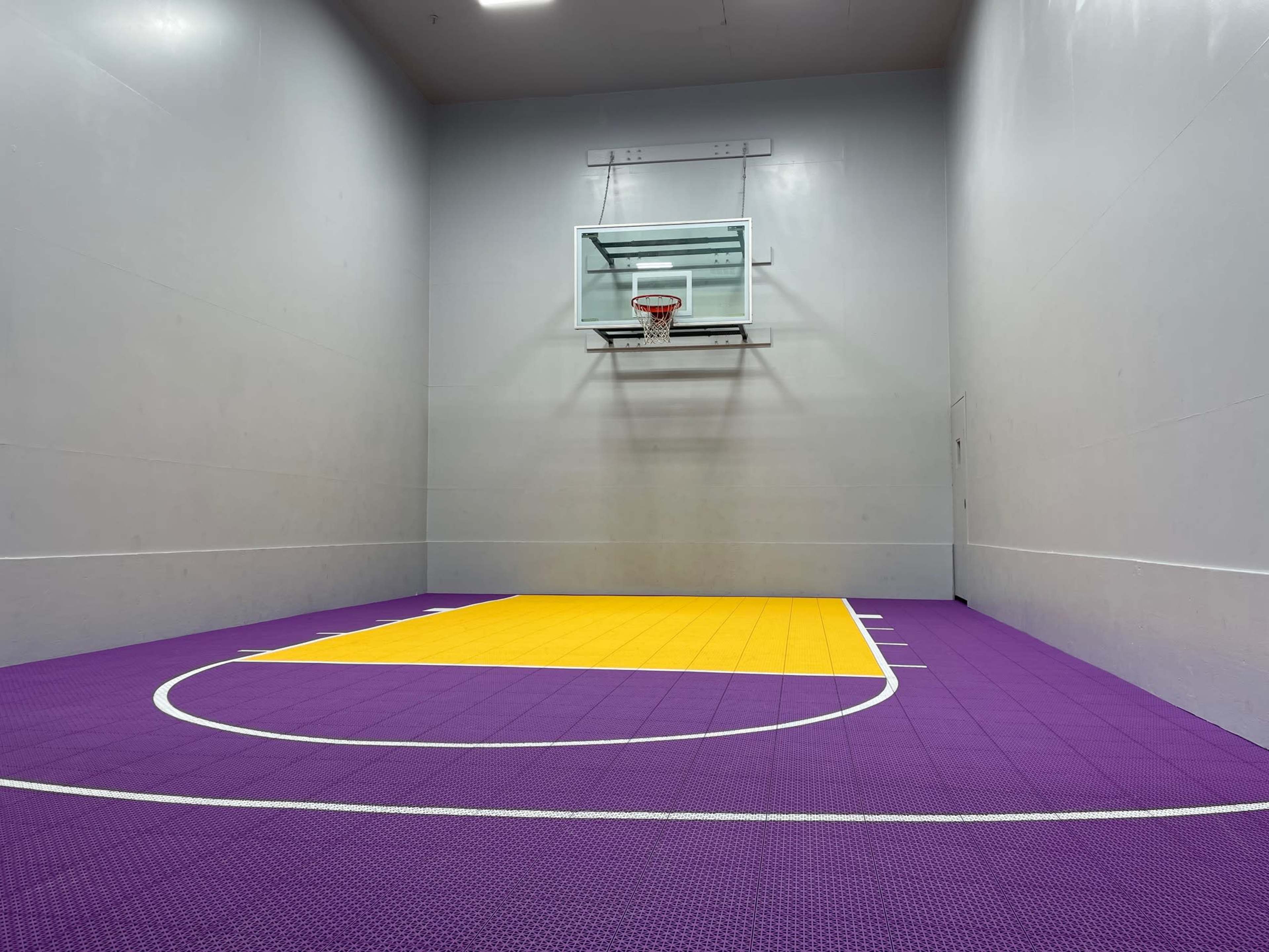 A small indoor basketball court with a purple and yellow floor and a single basketball hoop mounted on a gray wall.