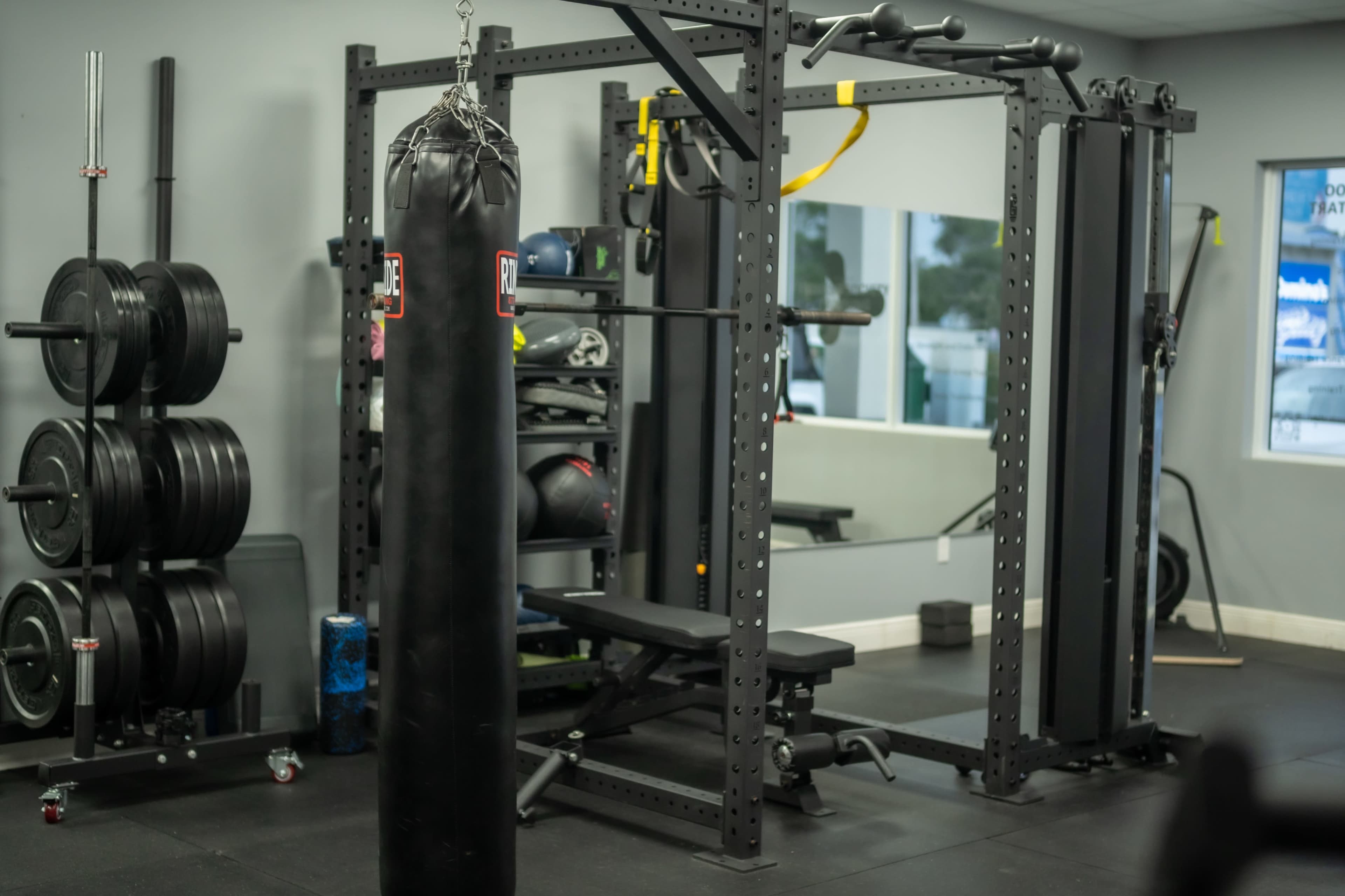A gym area featuring a black punching bag, a multi-use strength training machine, and weight plates arranged on a rack.