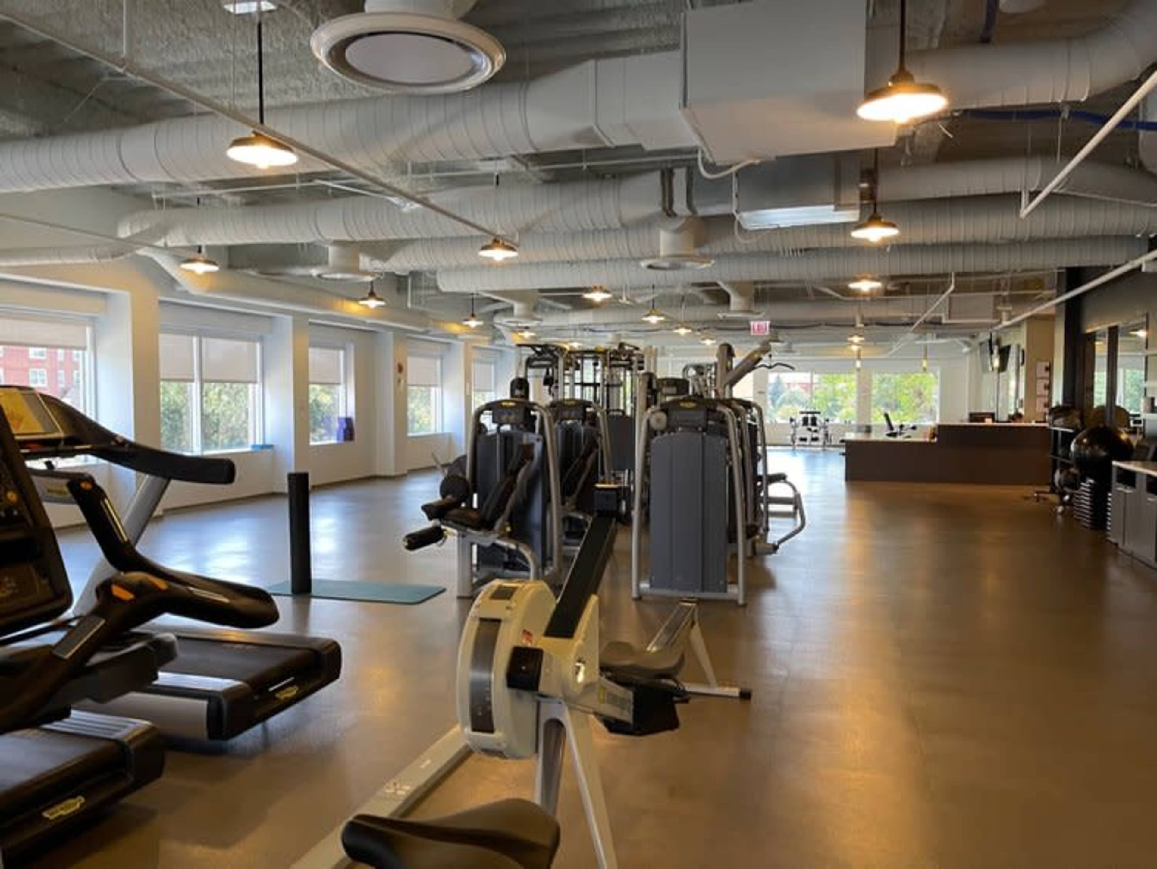 The image shows a spacious gym filled with exercise equipment, including treadmills and weight machines, along with large windows providing natural light.