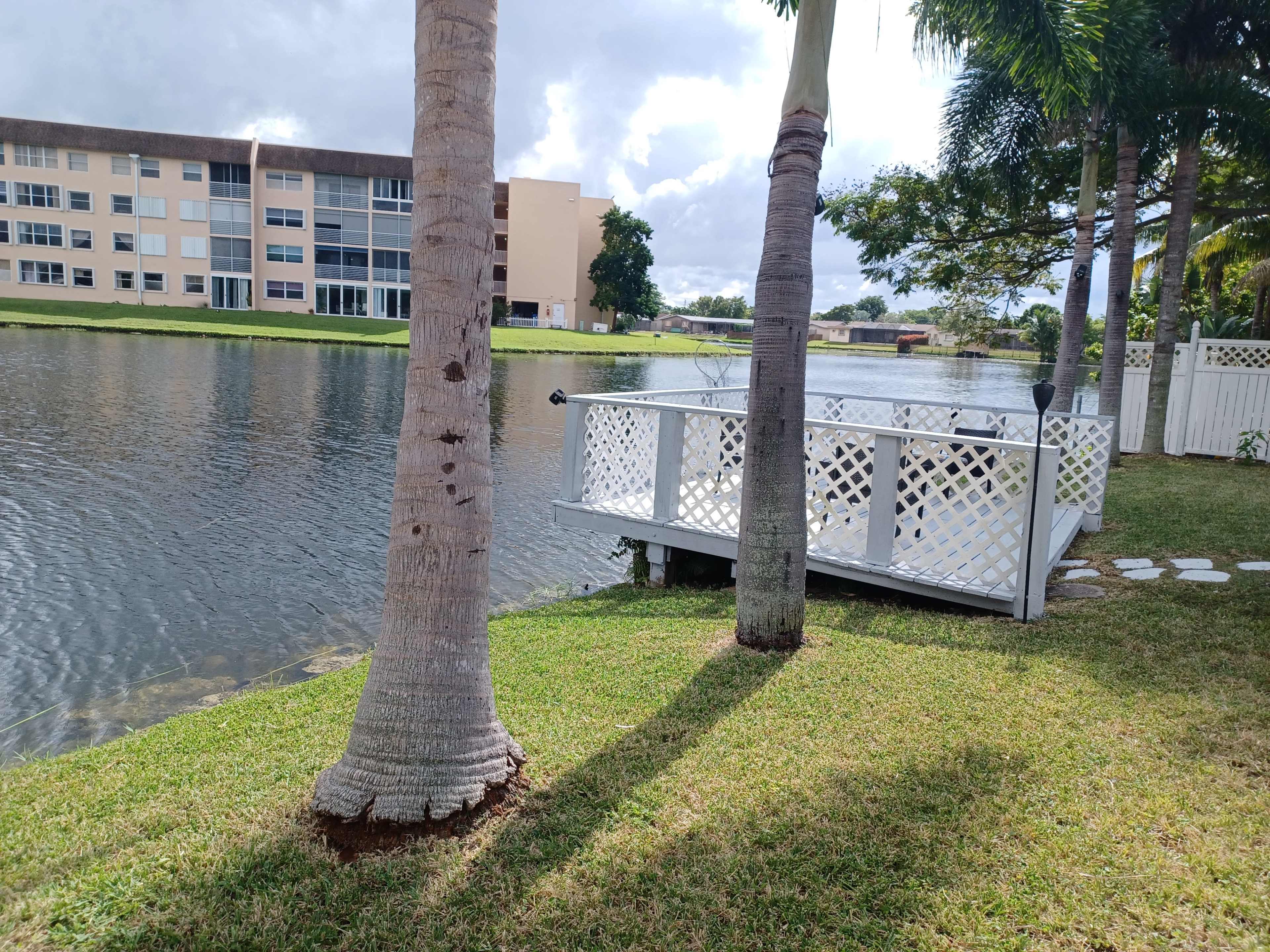 The image features a dock made of white lattice by a calm lake, surrounded by palm trees and residential buildings in the background.