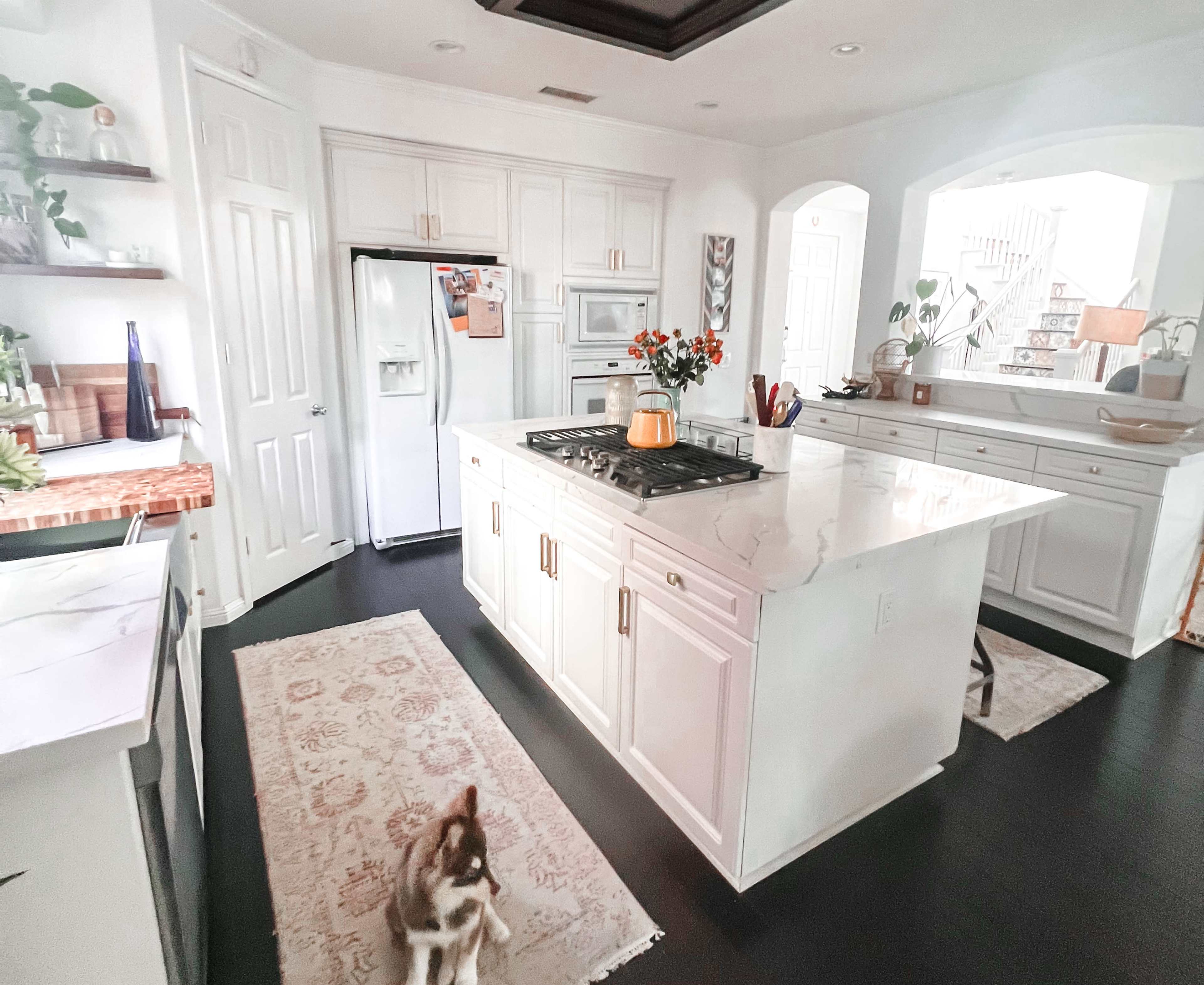 A modern kitchen features a large island with a gas stove, white cabinetry, and a pet dog on a floral rug.