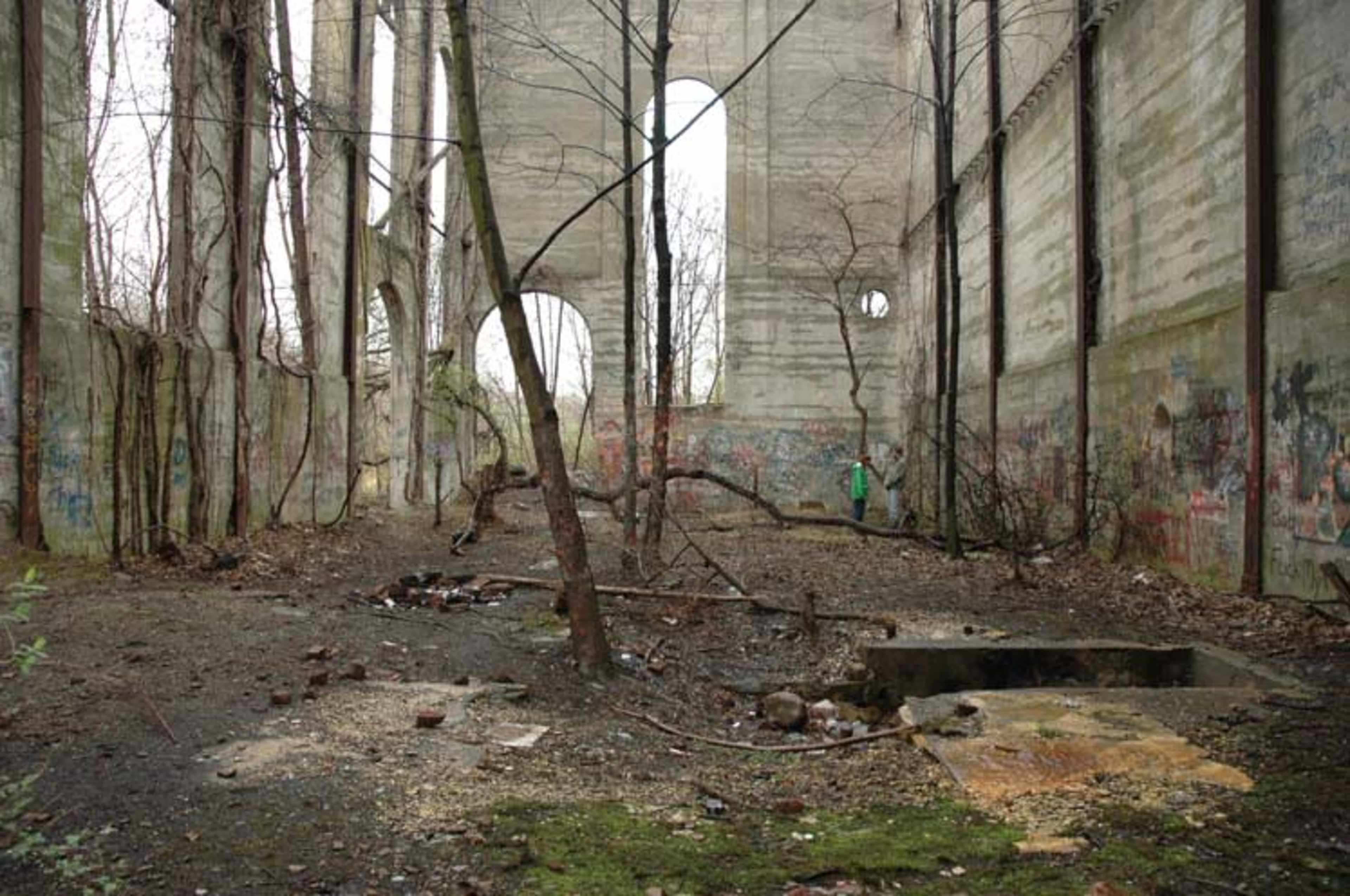 The image shows the interior of a dilapidated building with bare walls, overgrown trees, and graffiti.