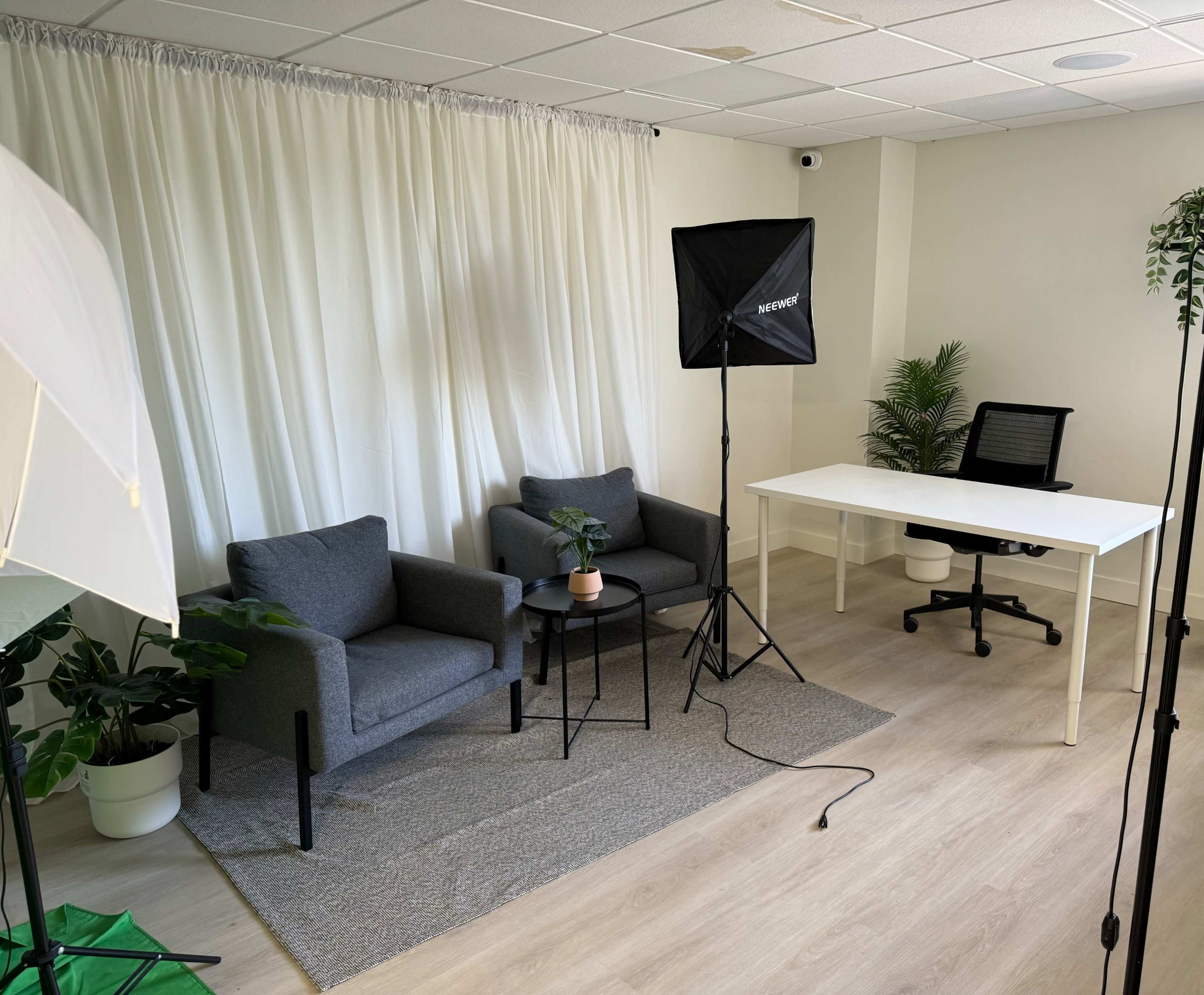 A minimalist office setup with two gray armchairs, a small table with a plant, a desk and chair, soft lighting equipment, and potted plants against a white backdrop.