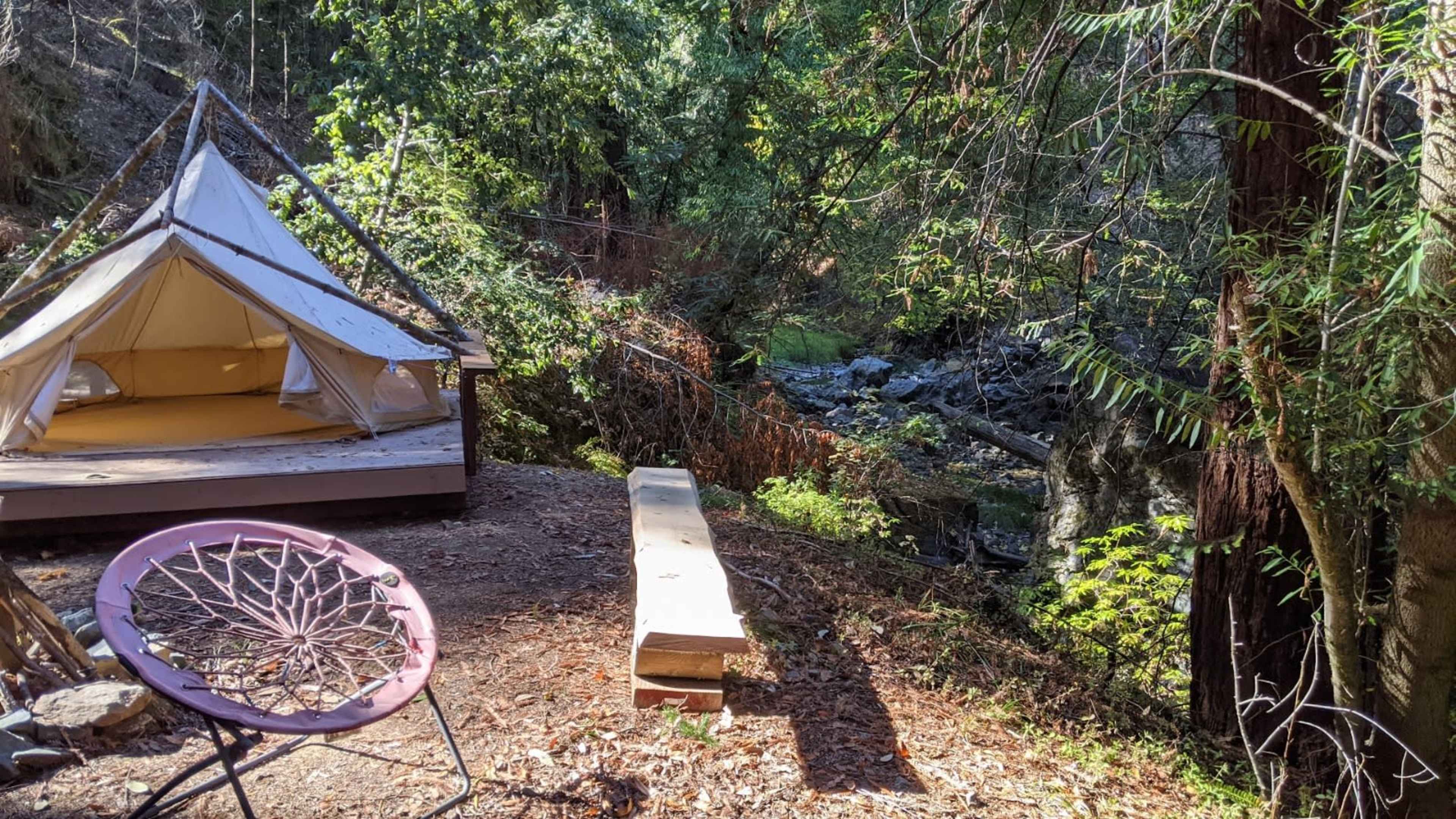 A glamping tent is set up beside a wooded area with a small creek, accompanied by a wooden bench and a round chair.