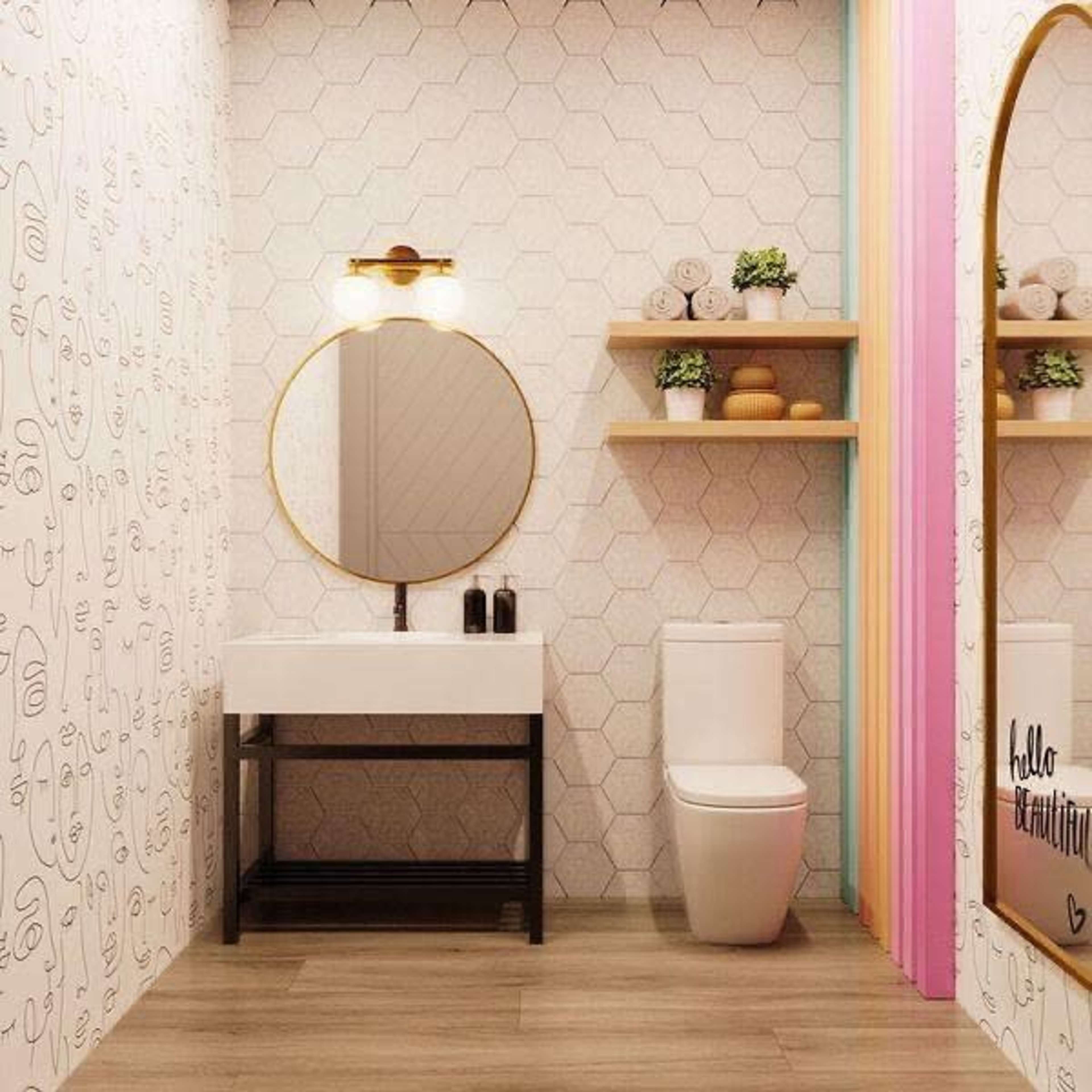 The image shows a modern bathroom featuring a circular mirror, a white sink on a black frame, a toilet, and wooden shelves with decorative items against patterned walls.