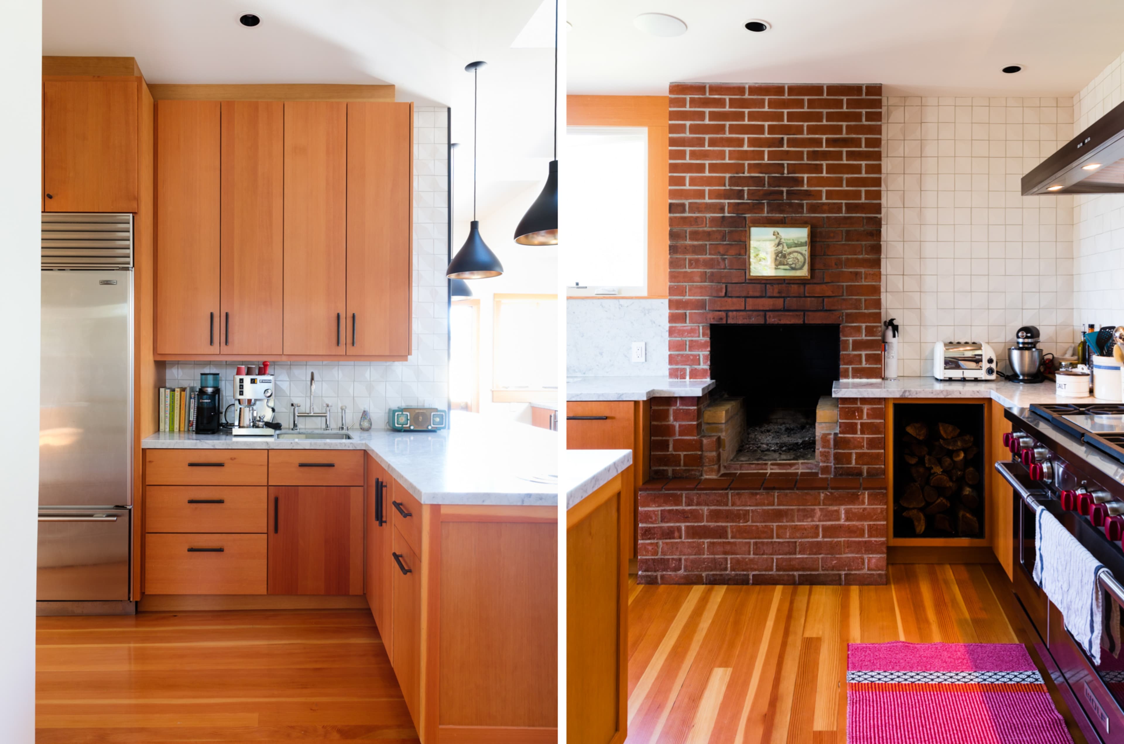 The image shows a split-view kitchen featuring wooden cabinetry, a stainless steel refrigerator, and a brick fireplace with stacked firewood.