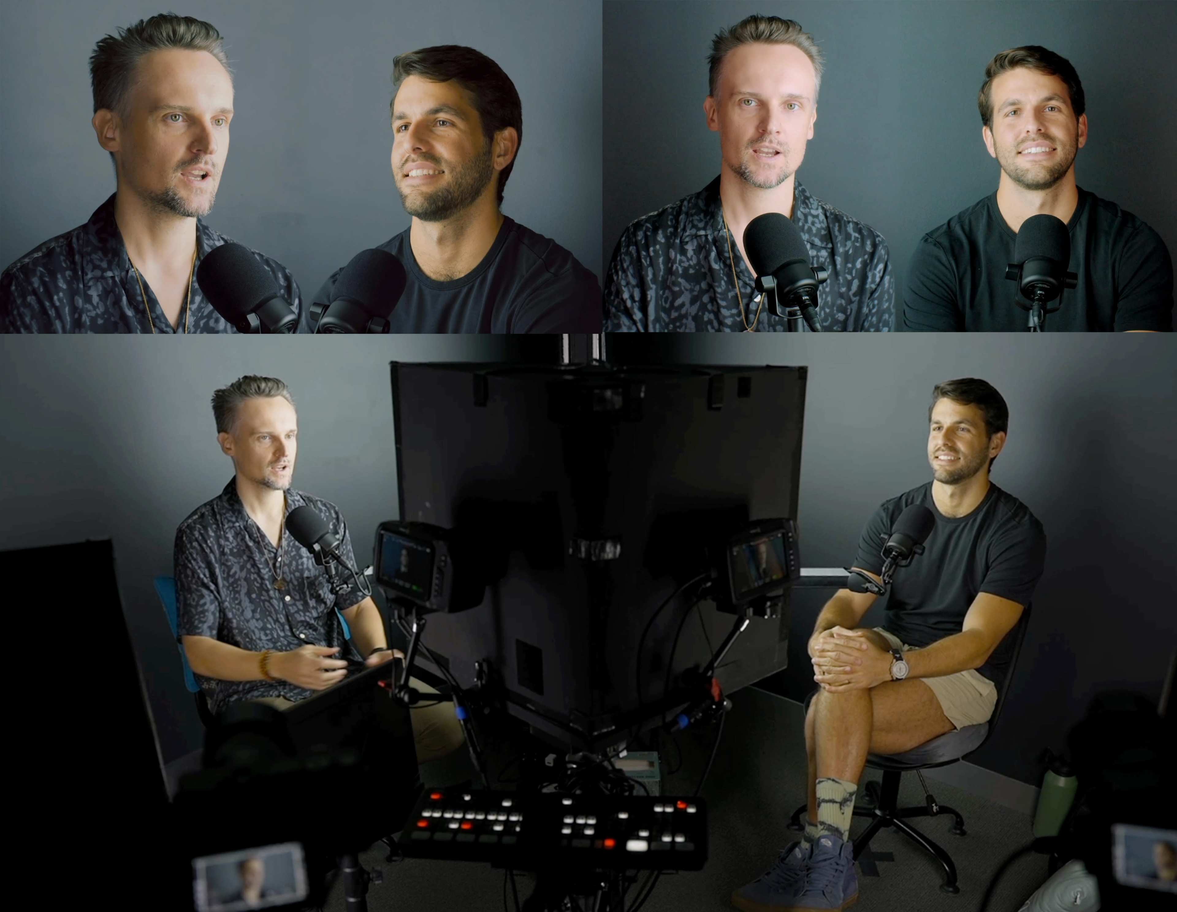 The image shows two men sitting in front of microphones and cameras, engaged in a discussion in a studio setting.