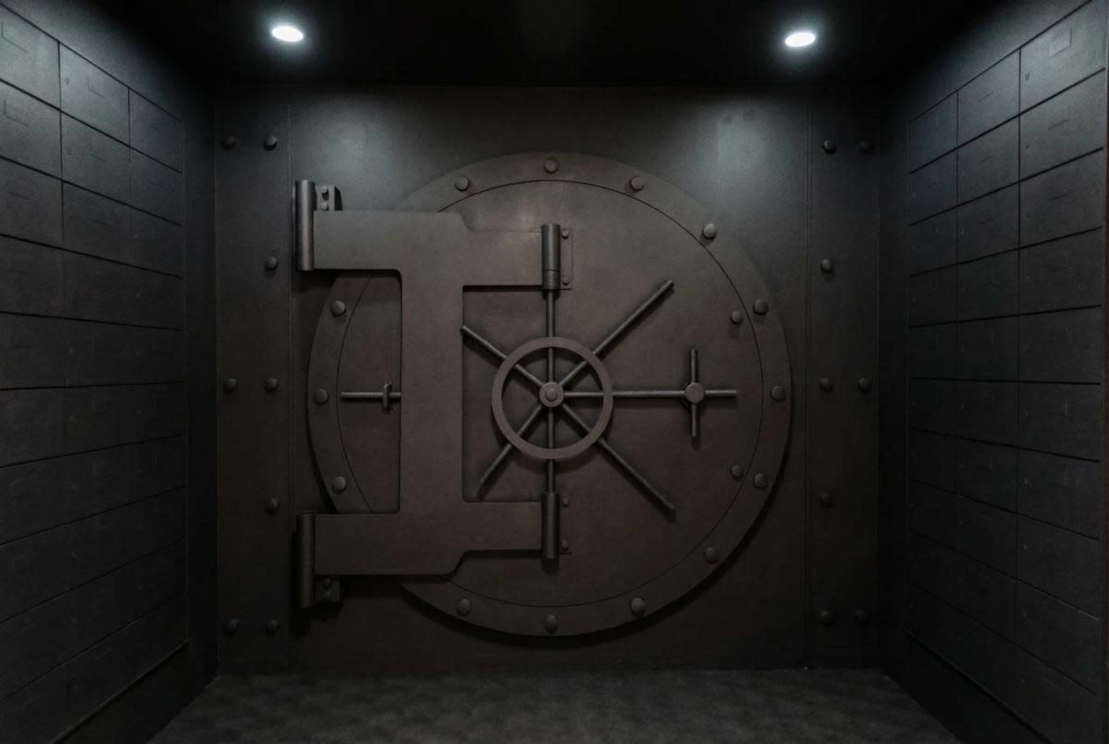 The image shows a large, metallic vault door set in a dark, textured wall.
