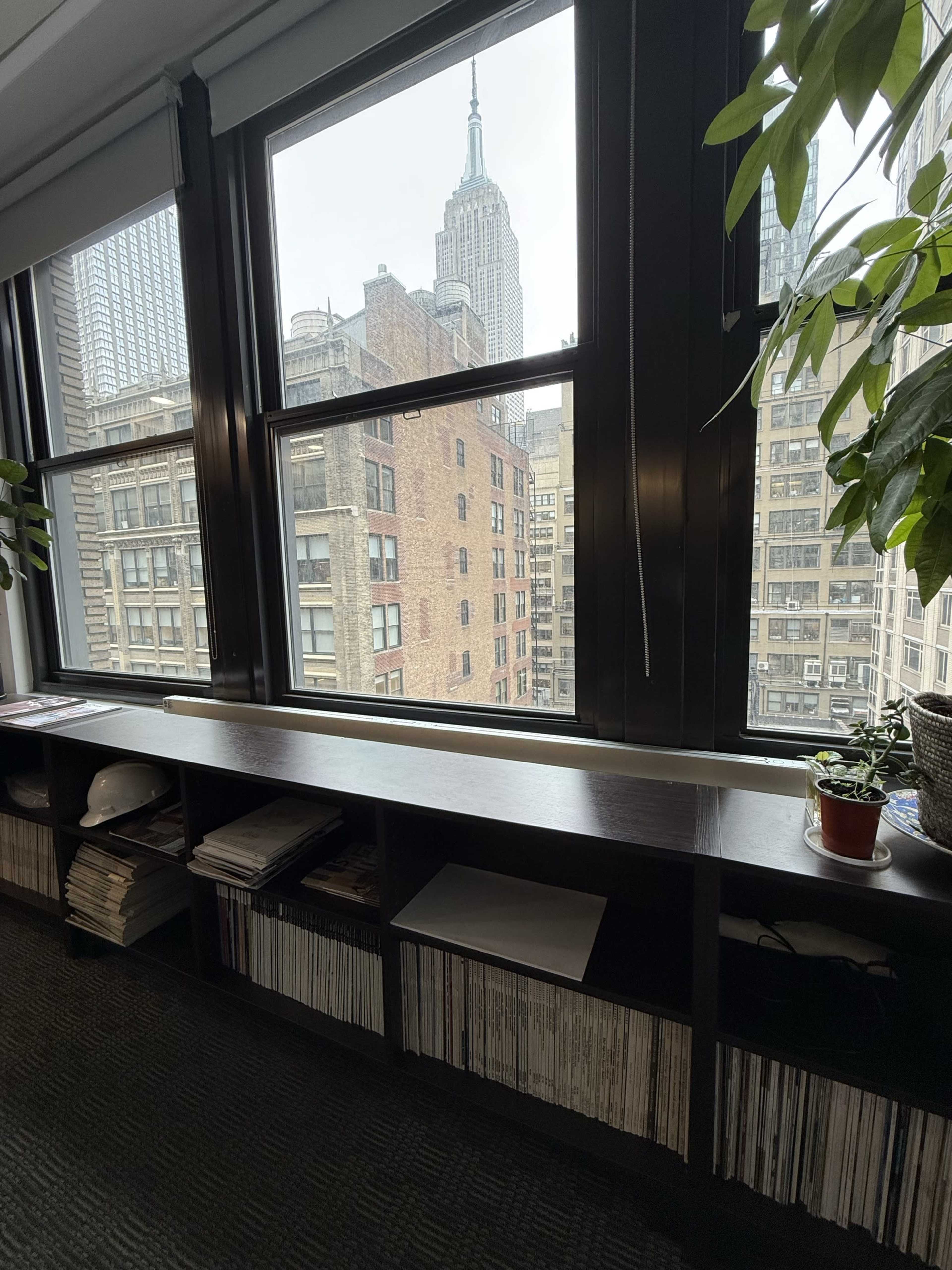 The image shows a view from an office window overlooking a cityscape that includes the Empire State Building, with a shelf below filled with magazines and a small potted plant.