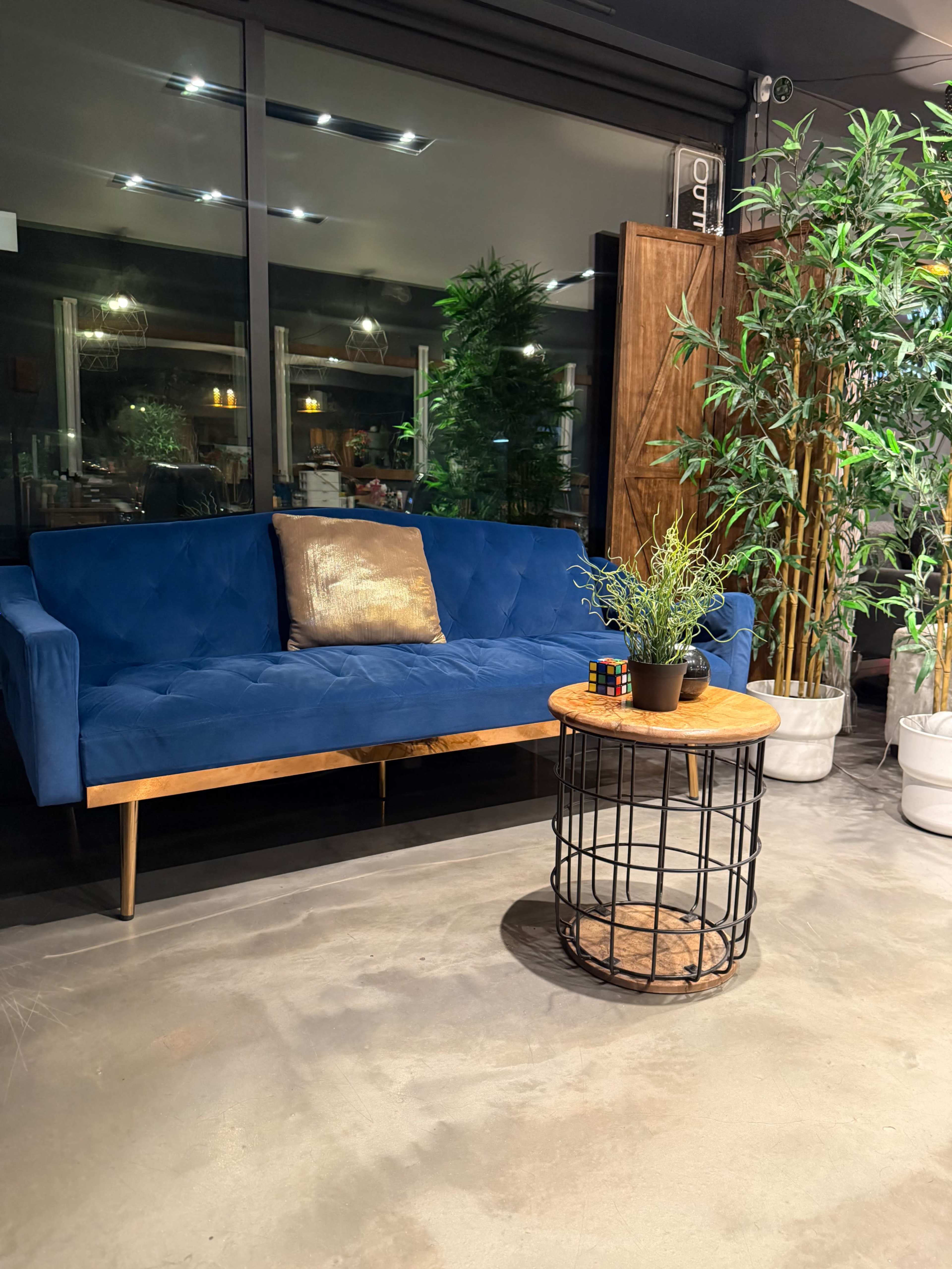 A blue velvet sofa sits beside a round wooden table in a modern, well-lit interior surrounded by plants.