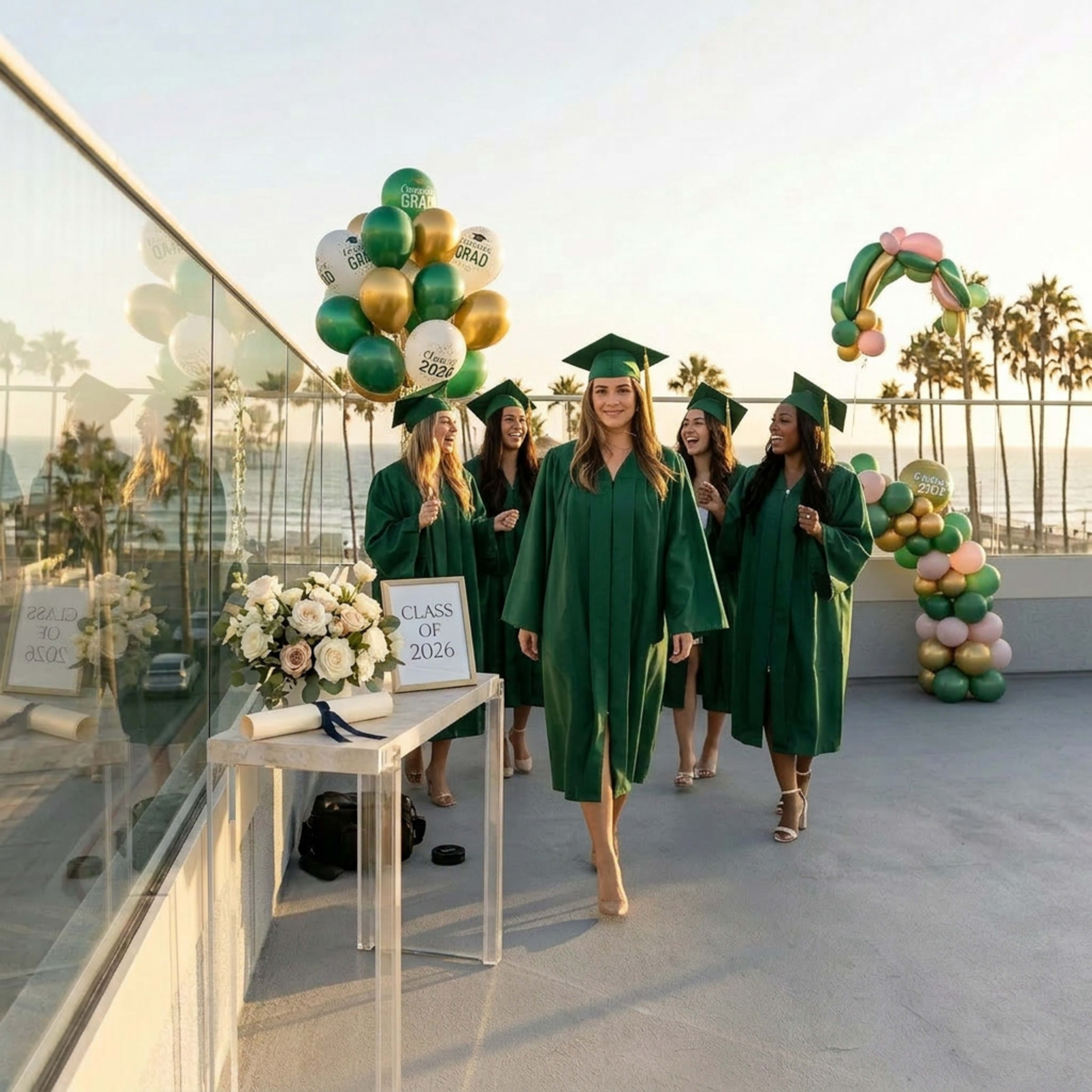 A group of five female graduates in green caps and gowns walks across a rooftop with palm trees and balloons in the background.
