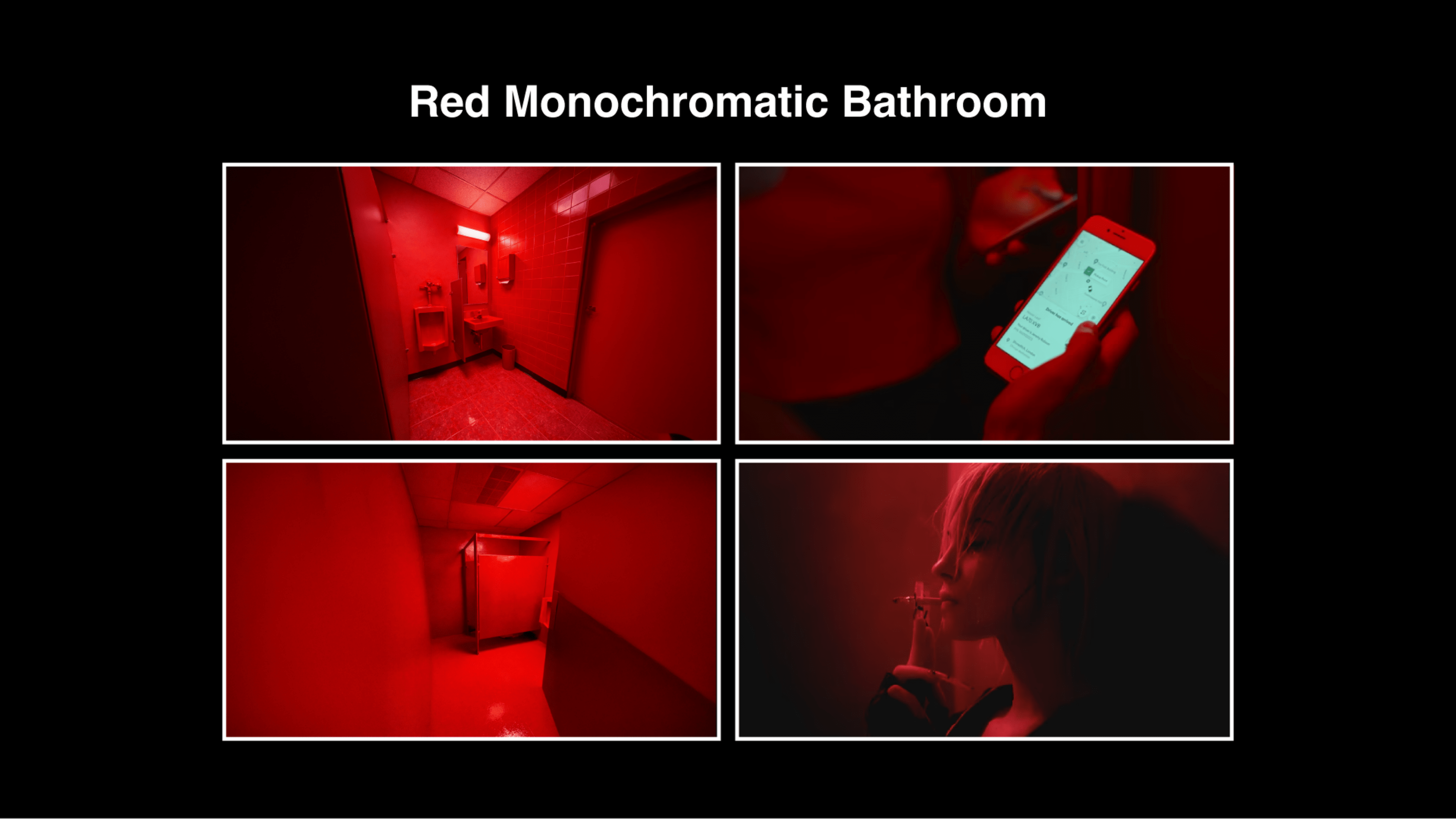 The image features four scenes from a red monochromatic bathroom environment, including hallways, a person using a smartphone, and an individual smoking.