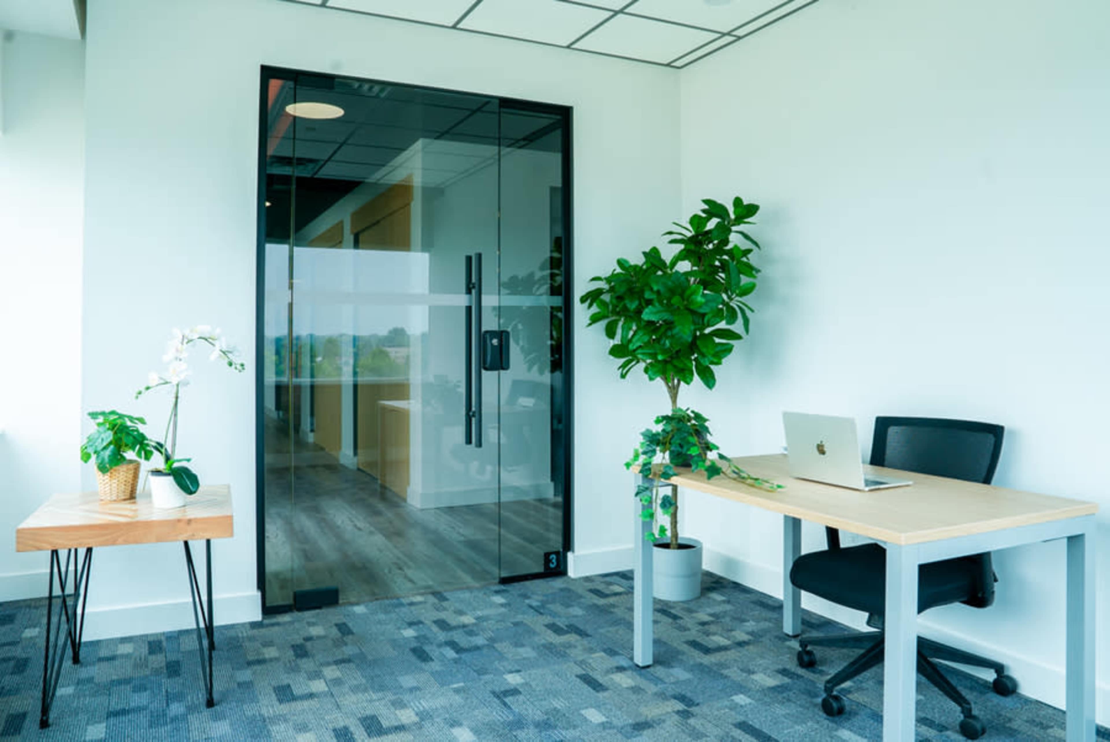 The image shows a modern office space featuring a wooden desk with a laptop, a chair, a potted plant, and a glass door leading to another room.