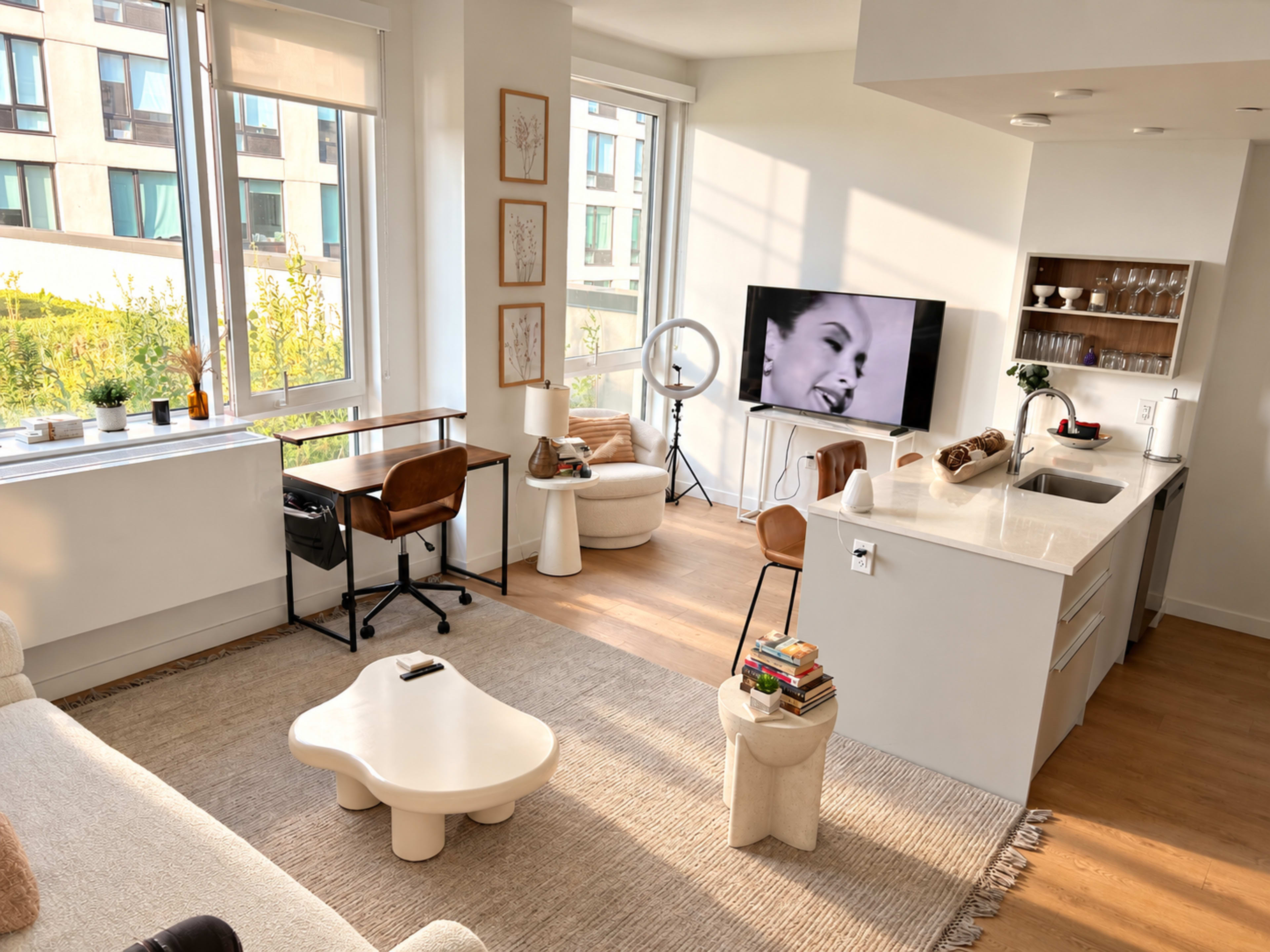 The image shows a modern living room with a kitchen area, featuring a large screen displaying a black-and-white film, a coffee table, and two chairs near windows that provide natural light.