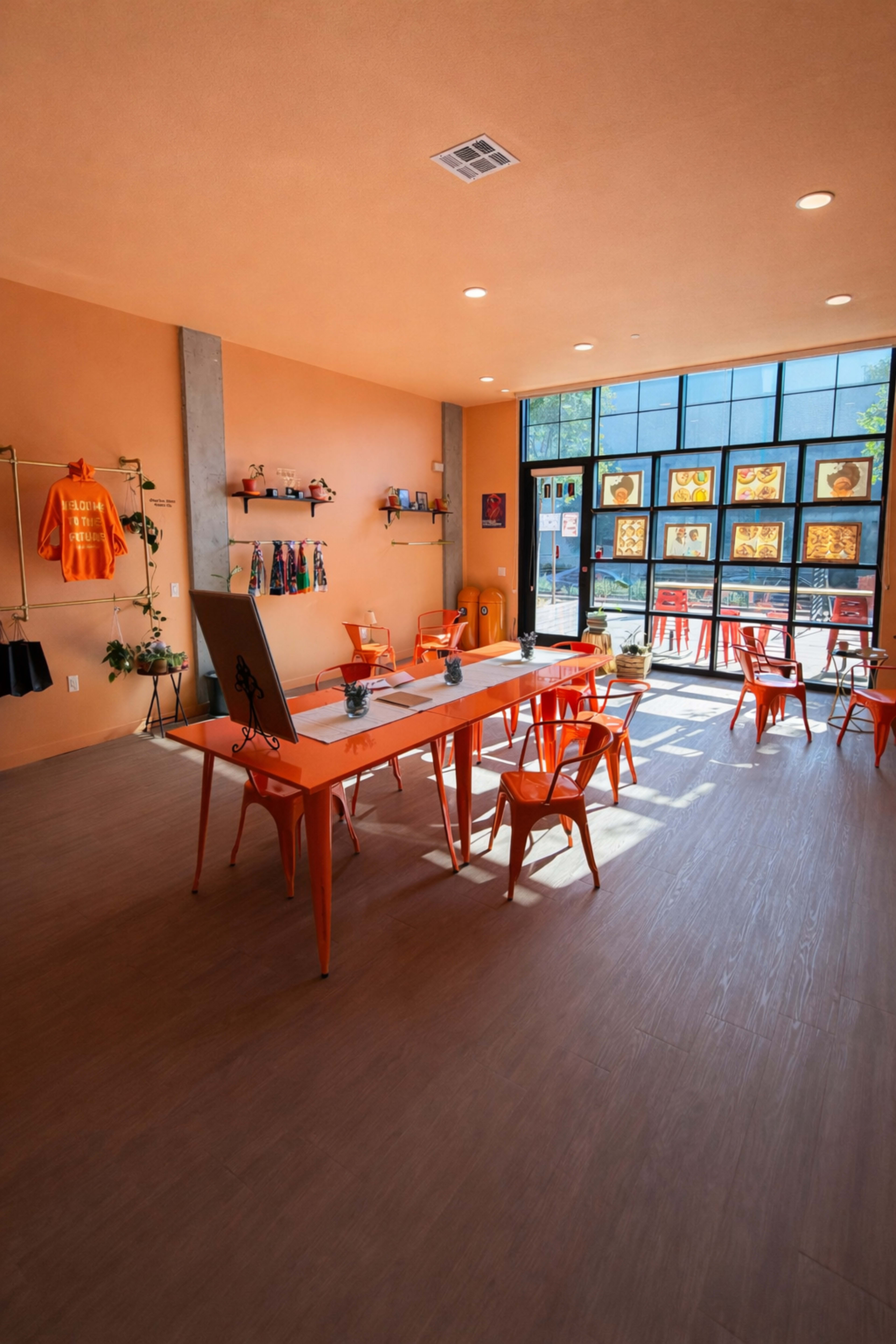 The image shows a brightly lit studio space with orange walls and furniture, featuring several tables and chairs arranged for an activity near large windows.