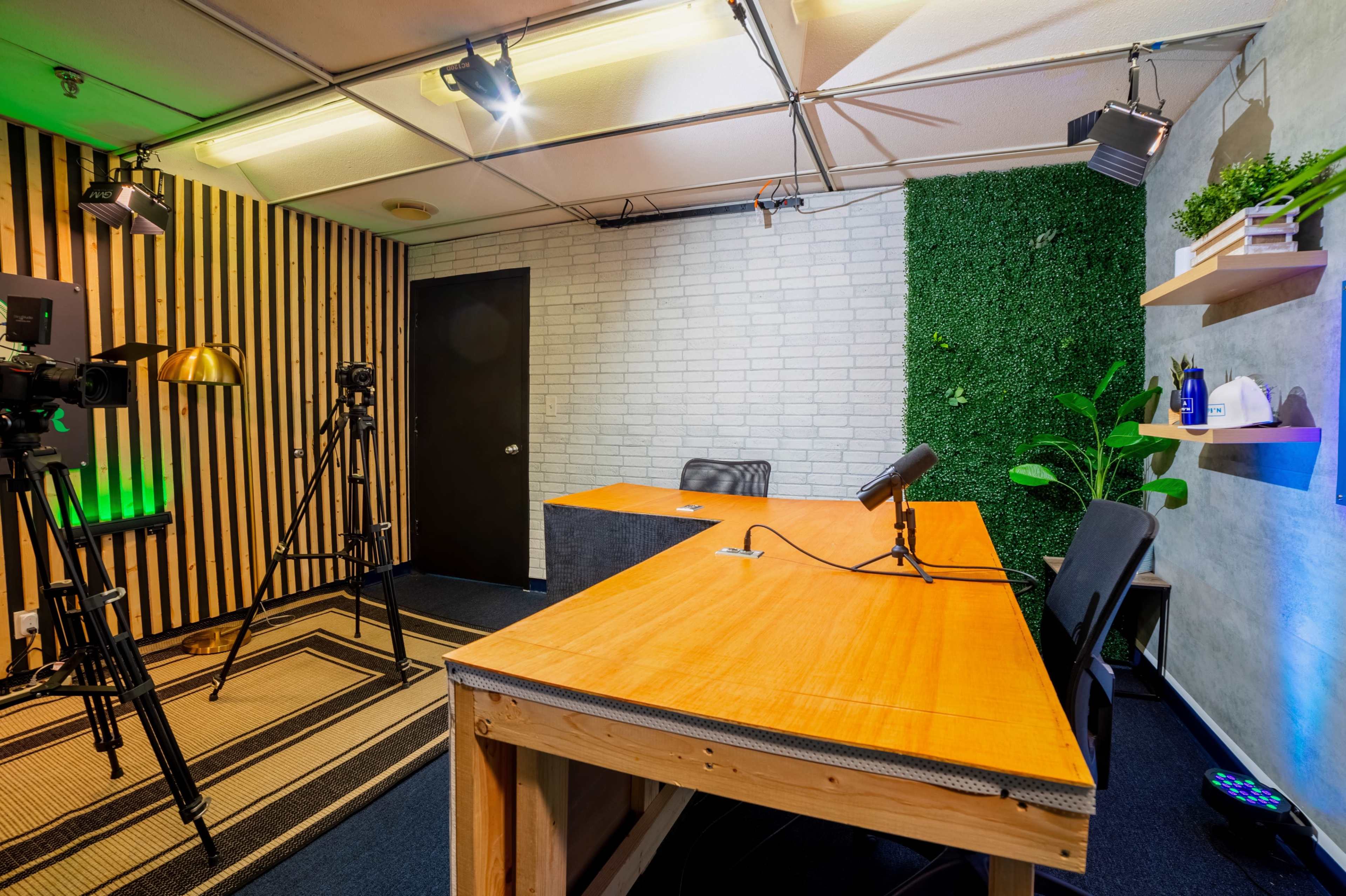 The image shows a video recording studio featuring a wooden desk, a microphone, camera equipment, and green plants against a textured wall.