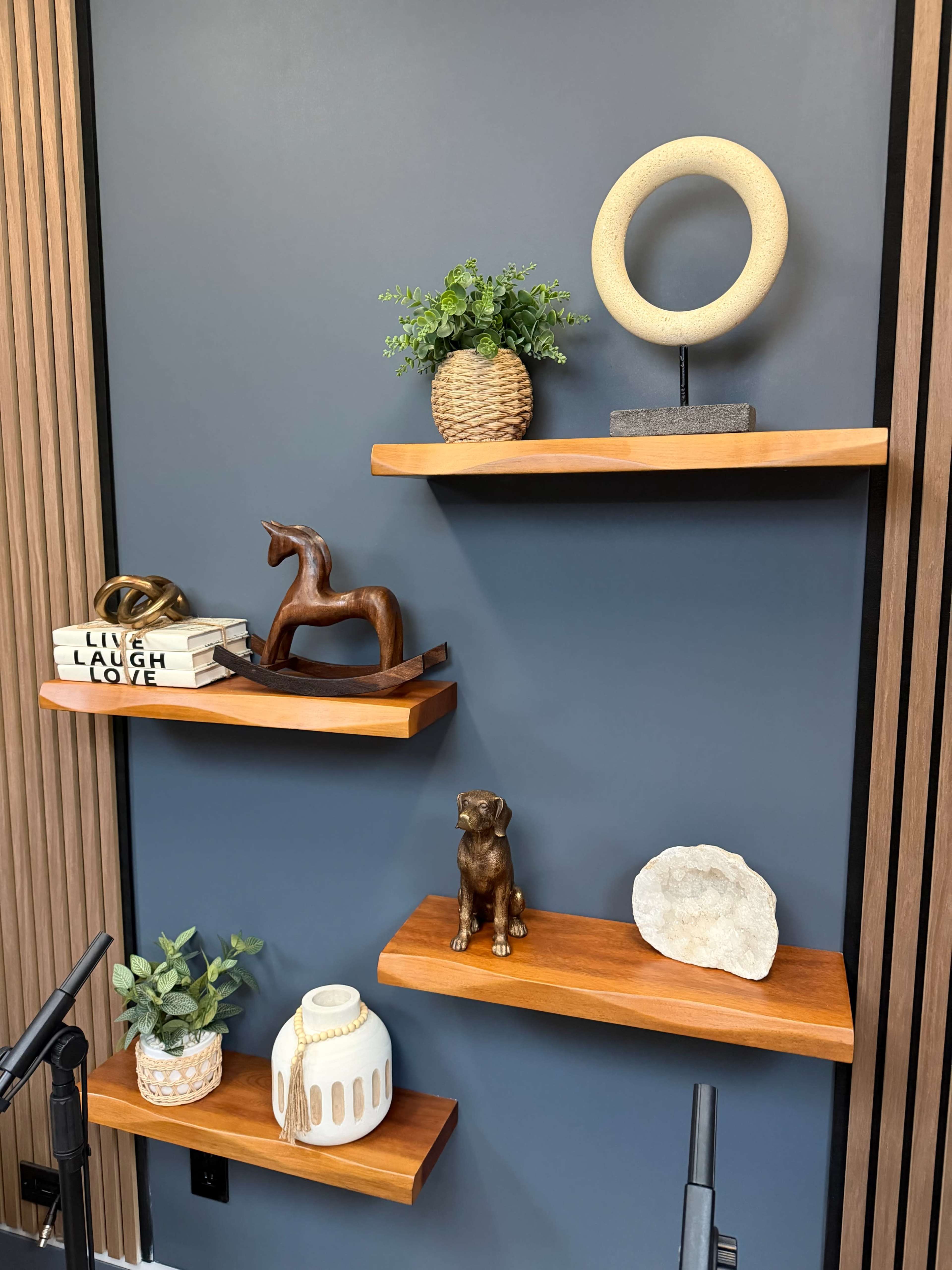 The image features a wall-mounted shelving unit with various decorative items, including a plant, figurines, and books, arranged on wooden shelves against a dark blue background.