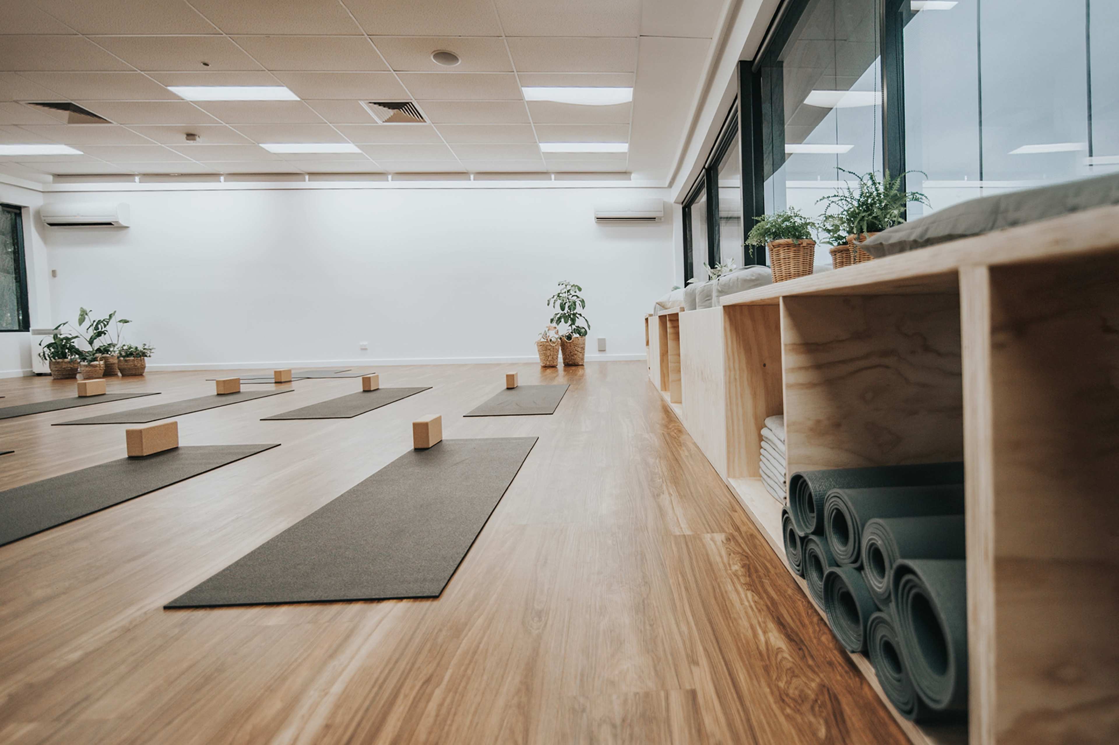 A spacious yoga studio with wooden floors, yoga mats neatly rolled and stored, and potted plants placed around the room.