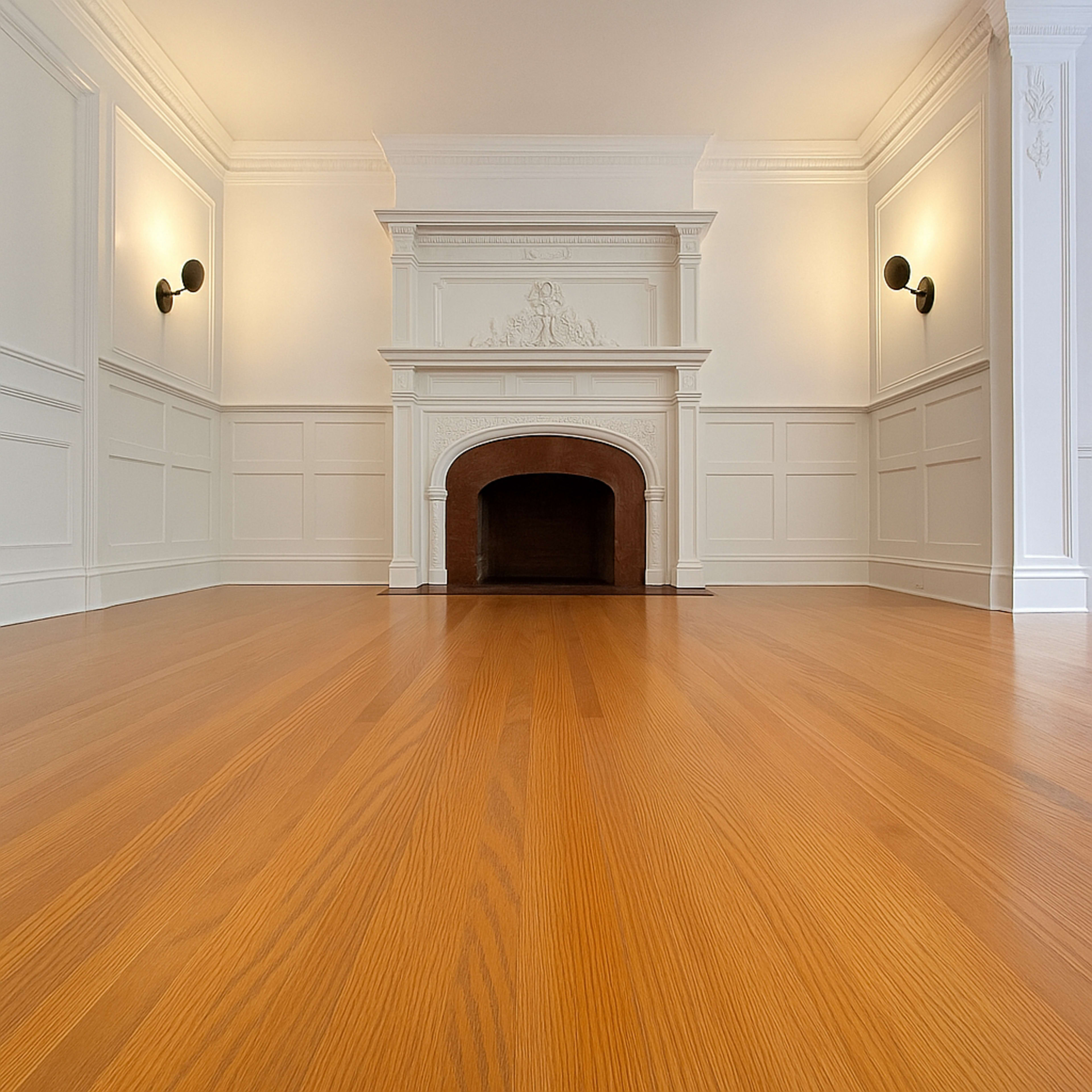 A spacious, empty room features a central fireplace with decorative detailing and smooth hardwood flooring.