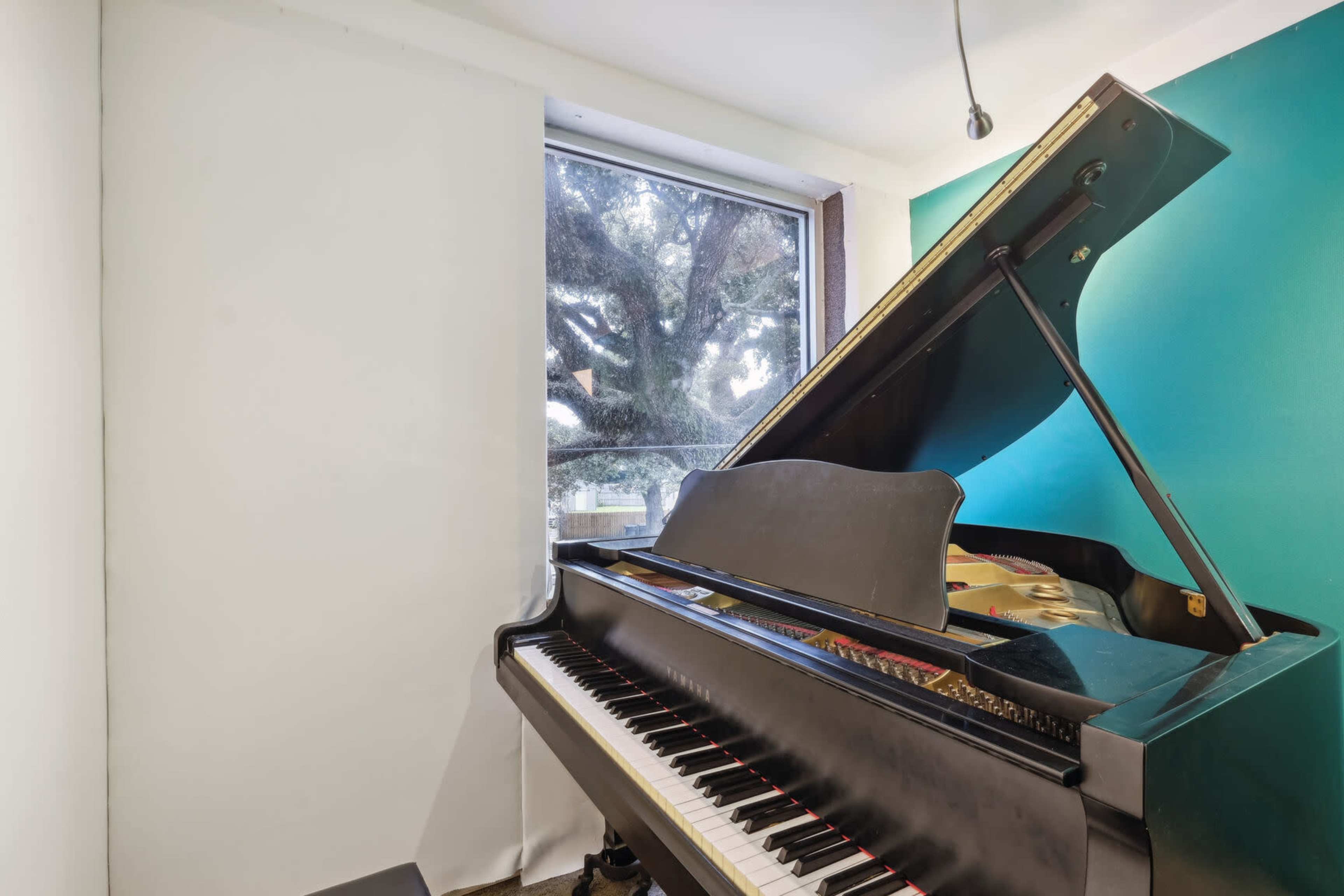 A grand piano is positioned in the corner of a brightly lit room next to a window with a view of a tree outside.