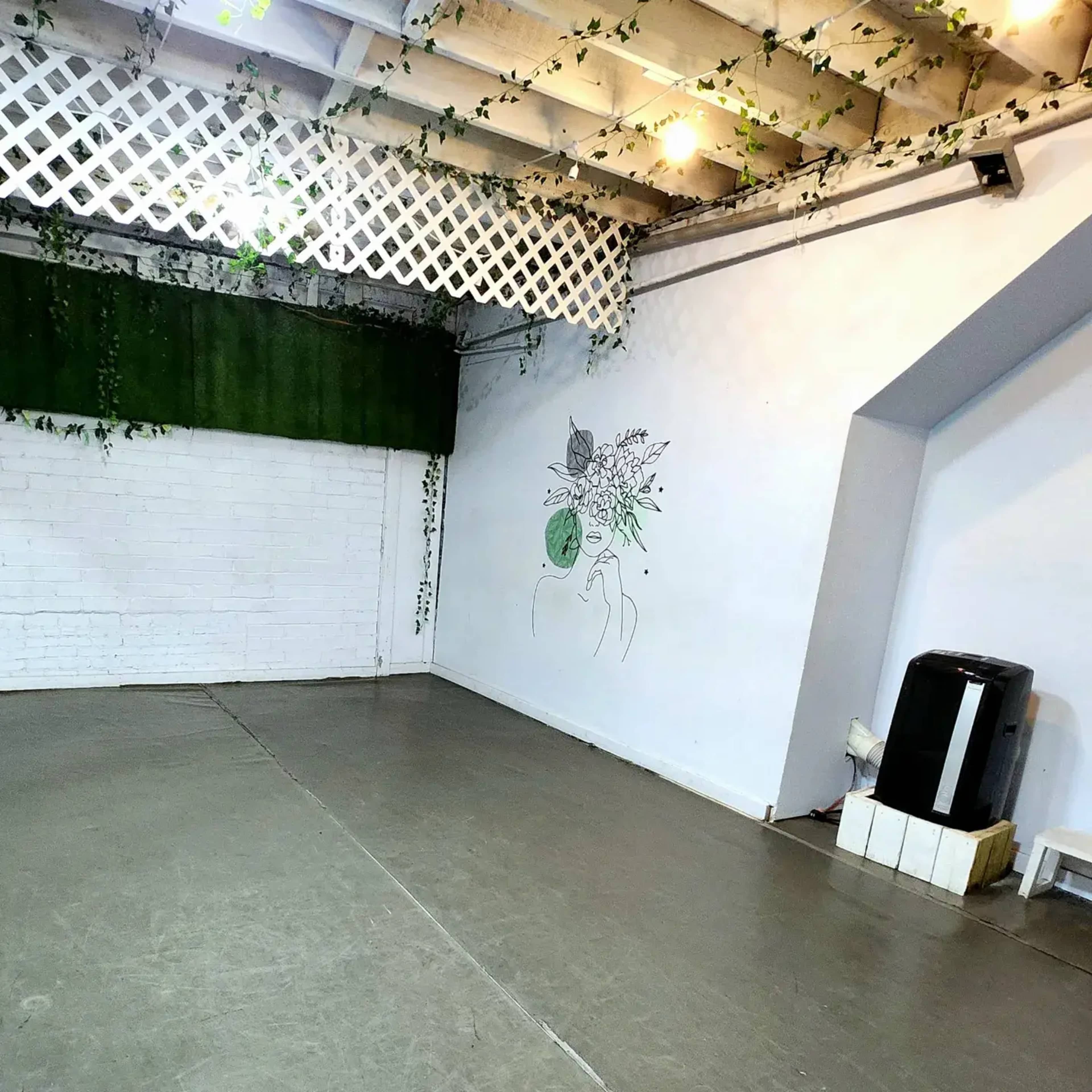 An indoor space features a concrete floor, a green wall with hanging plants, and a minimalist mural on a white wall.