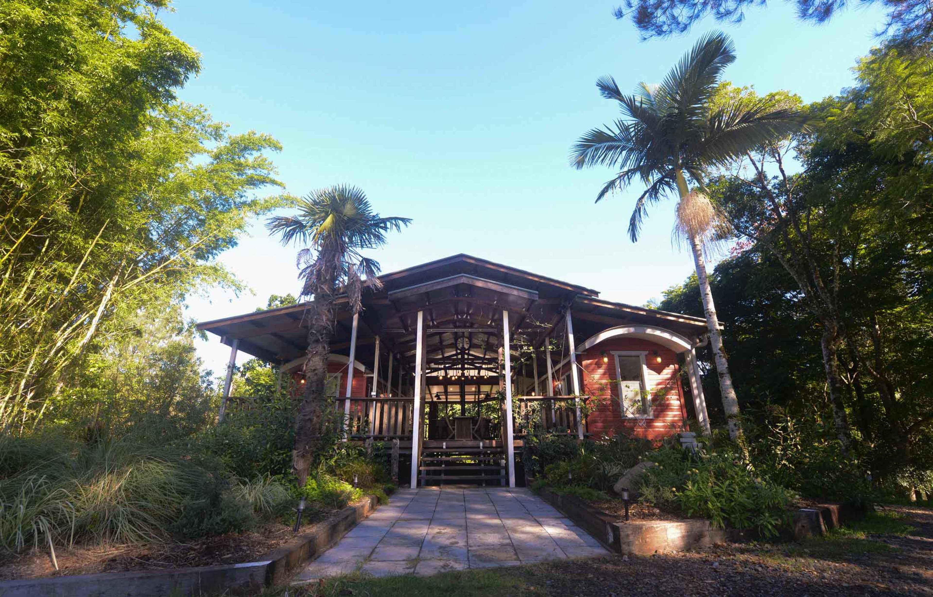 A wooden house with a spacious porch is surrounded by tall trees and tropical plants.