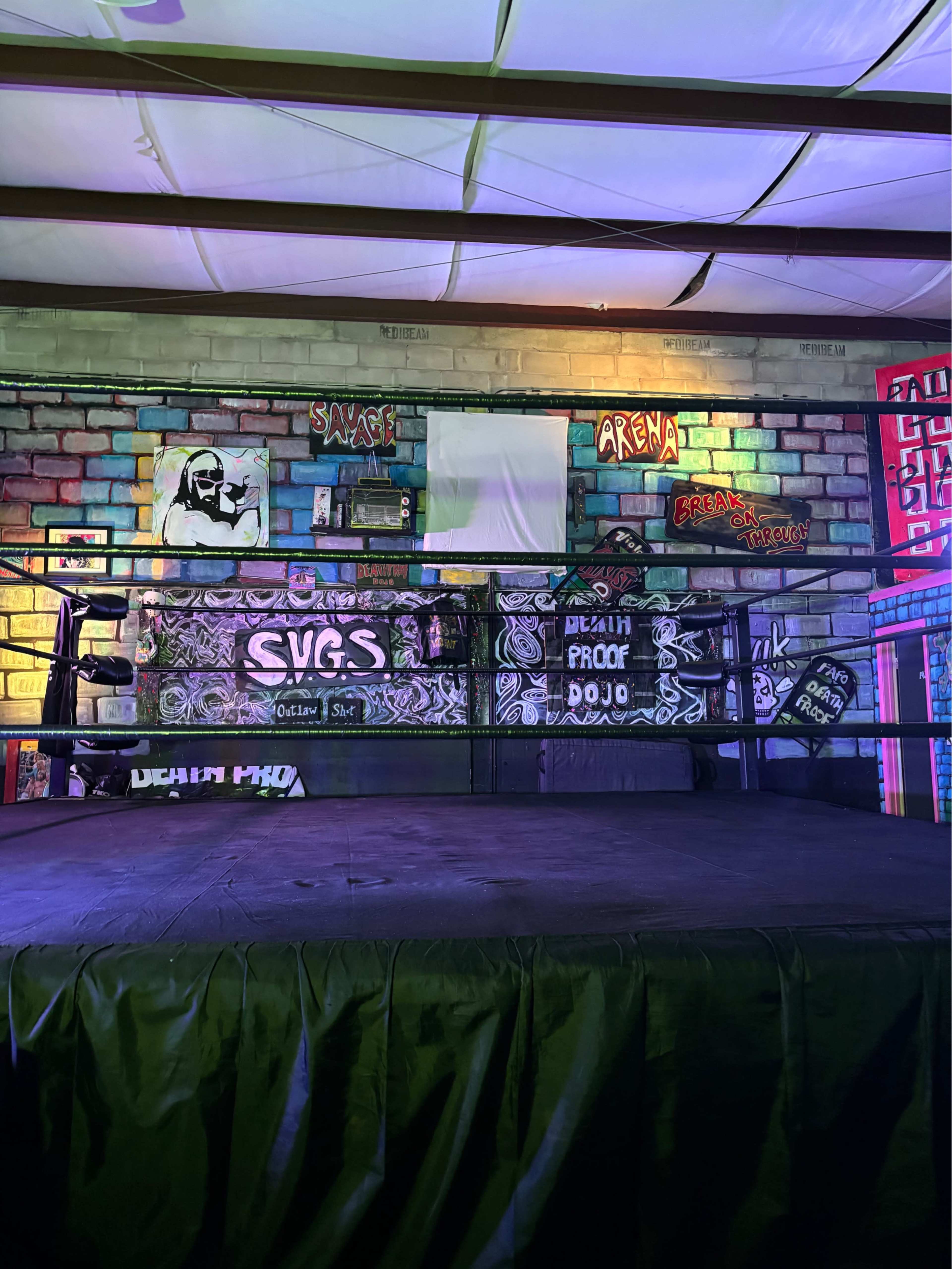The image shows a wrestling ring surrounded by colorful graffiti on the walls, with a spotlight shining down on the ring.