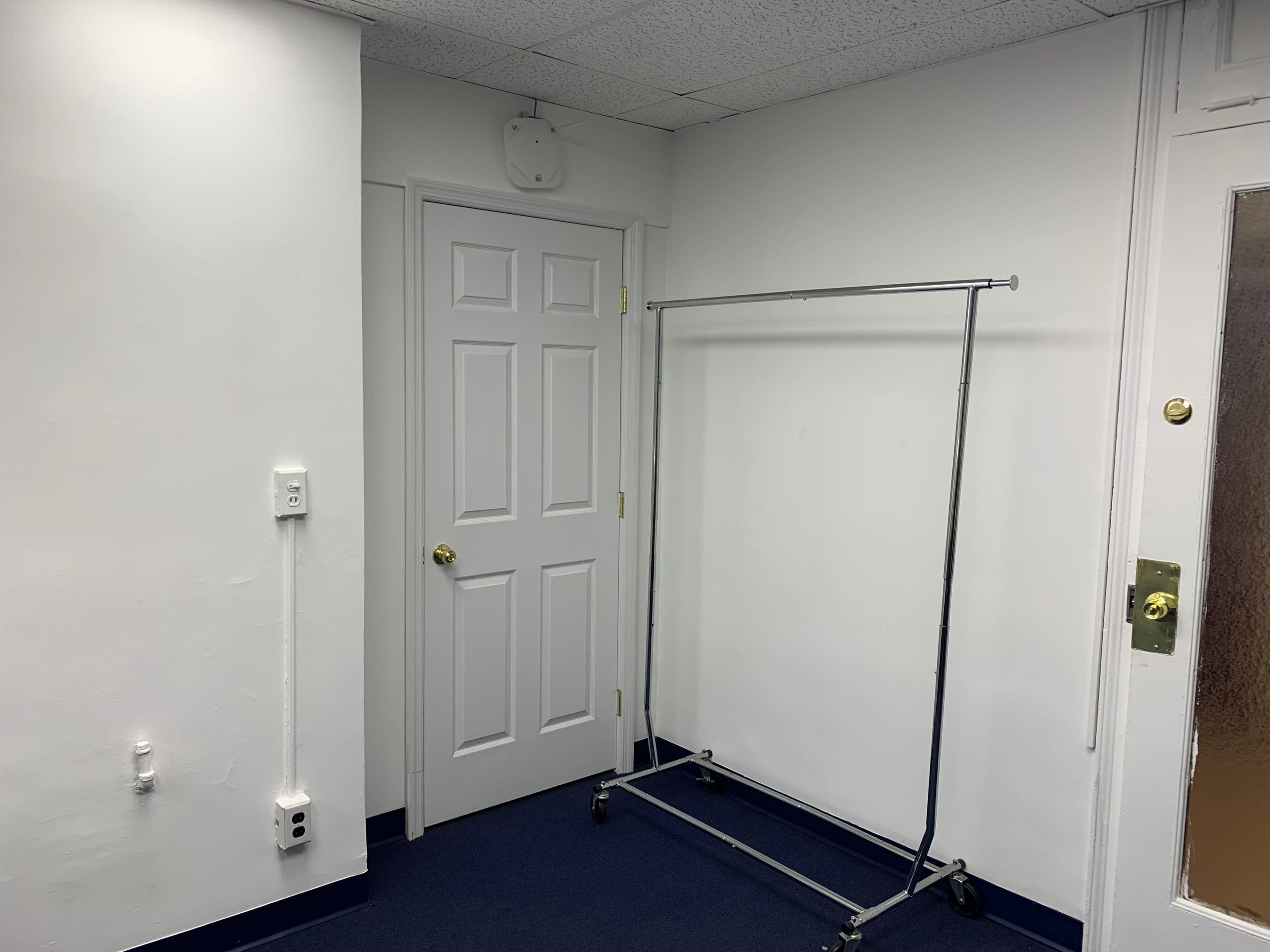 The image shows a minimalistic room with a blue carpet, a white wall, an empty clothing rack on wheels, and a closed door with a doorknob.