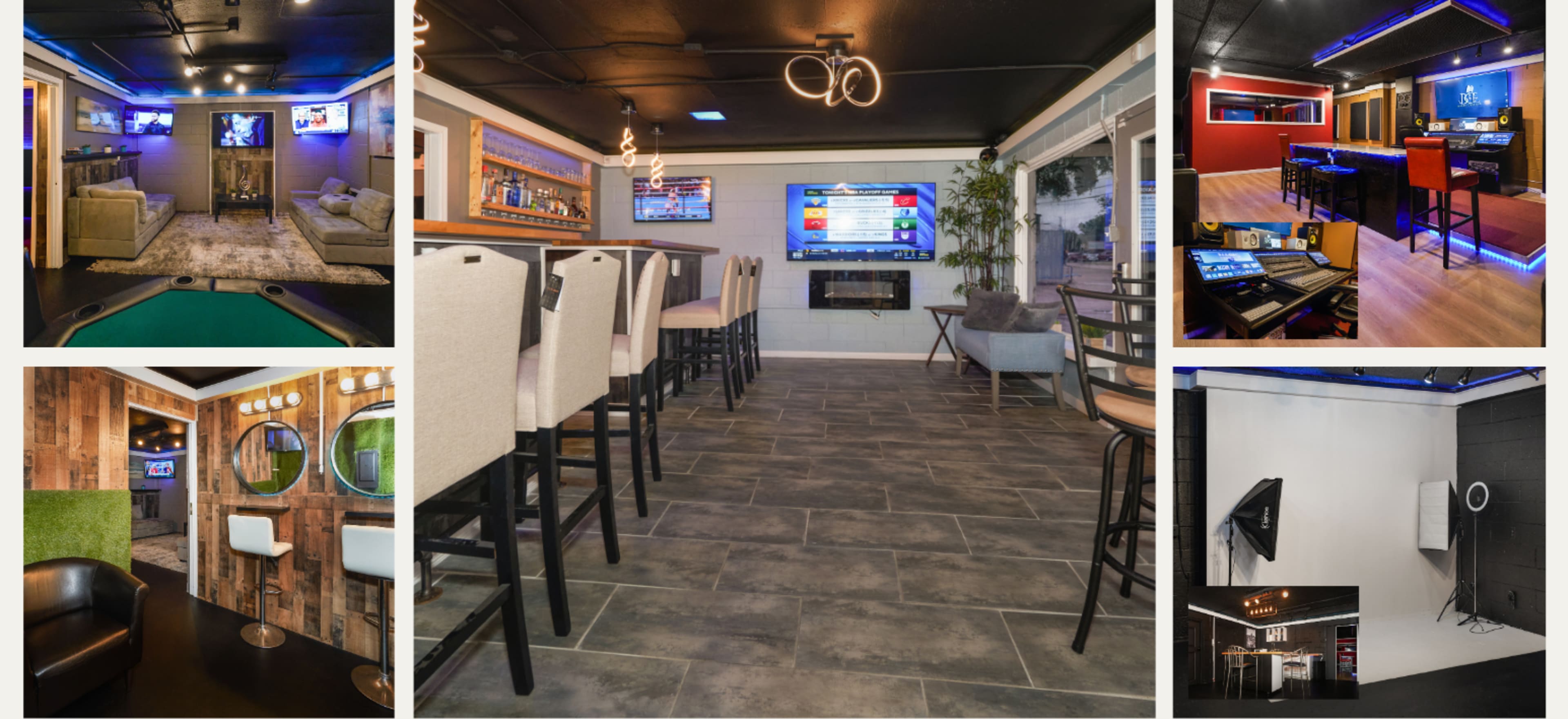 The image showcases a modern entertainment space featuring a lounge area with seating, a bar with high stools, game tables, and multiple screens mounted on the walls.