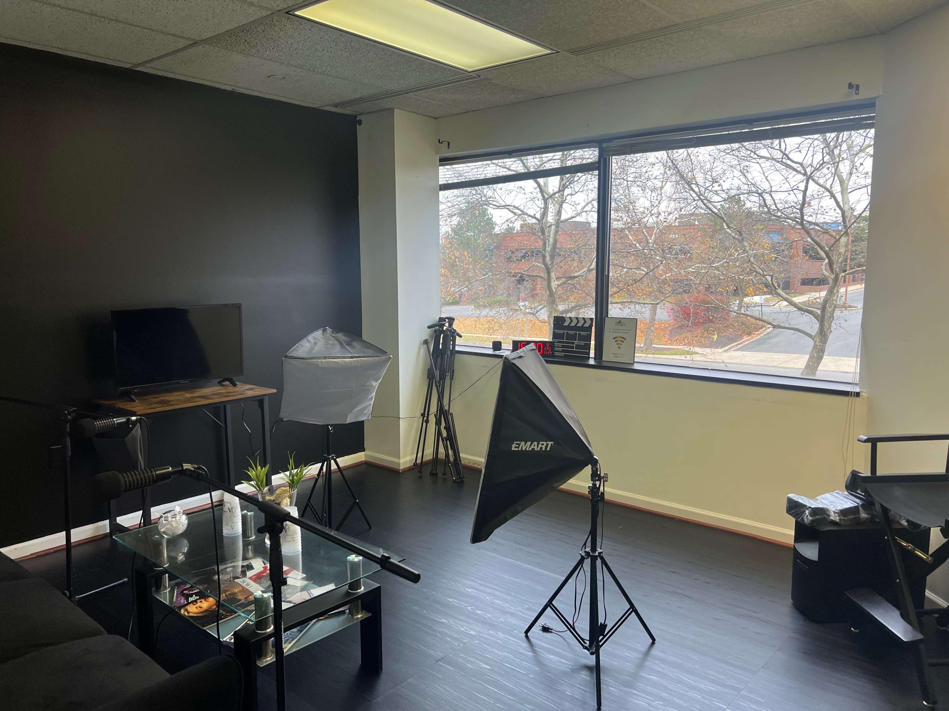 A studio room with black walls, equipped with a television, two light stands, and a window overlooking a tree-lined exterior.