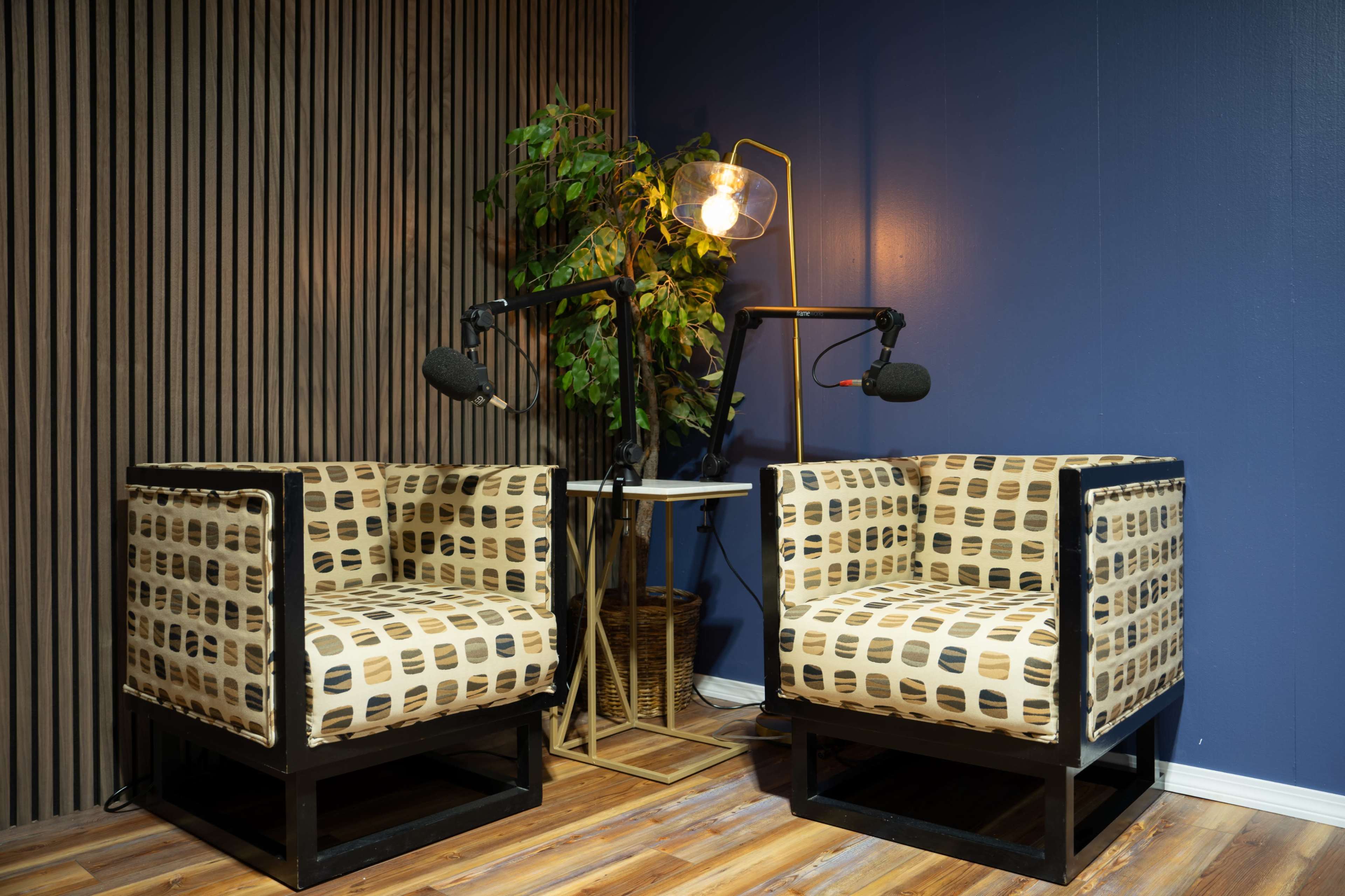The image shows a cozy podcasting setup featuring two patterned chairs with microphones mounted on stands beside a small table and a potted plant.