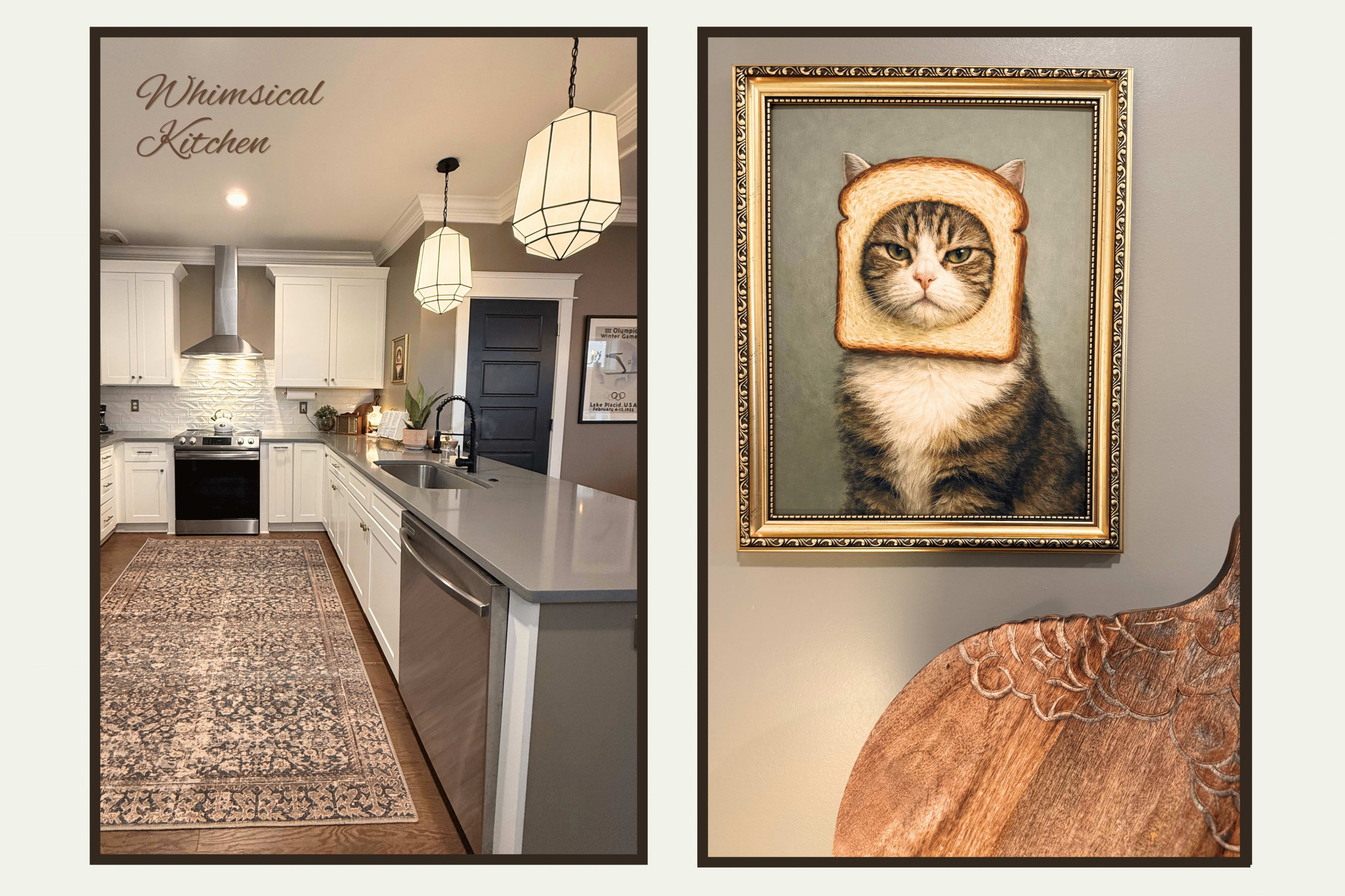 The image shows a modern kitchen with white cabinetry and a decorative cat portrait wearing a slice of bread as a hat on the wall.