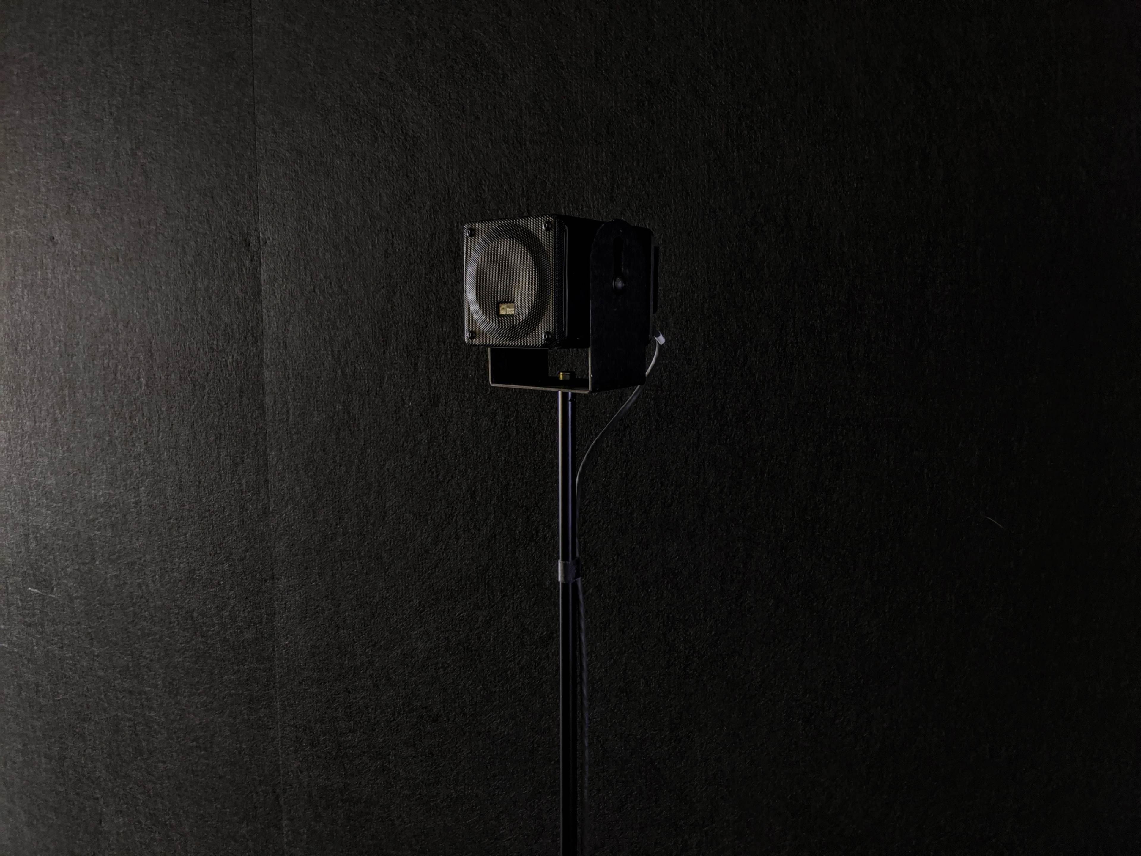 A black speaker is mounted on a tall stand against a dark backdrop.