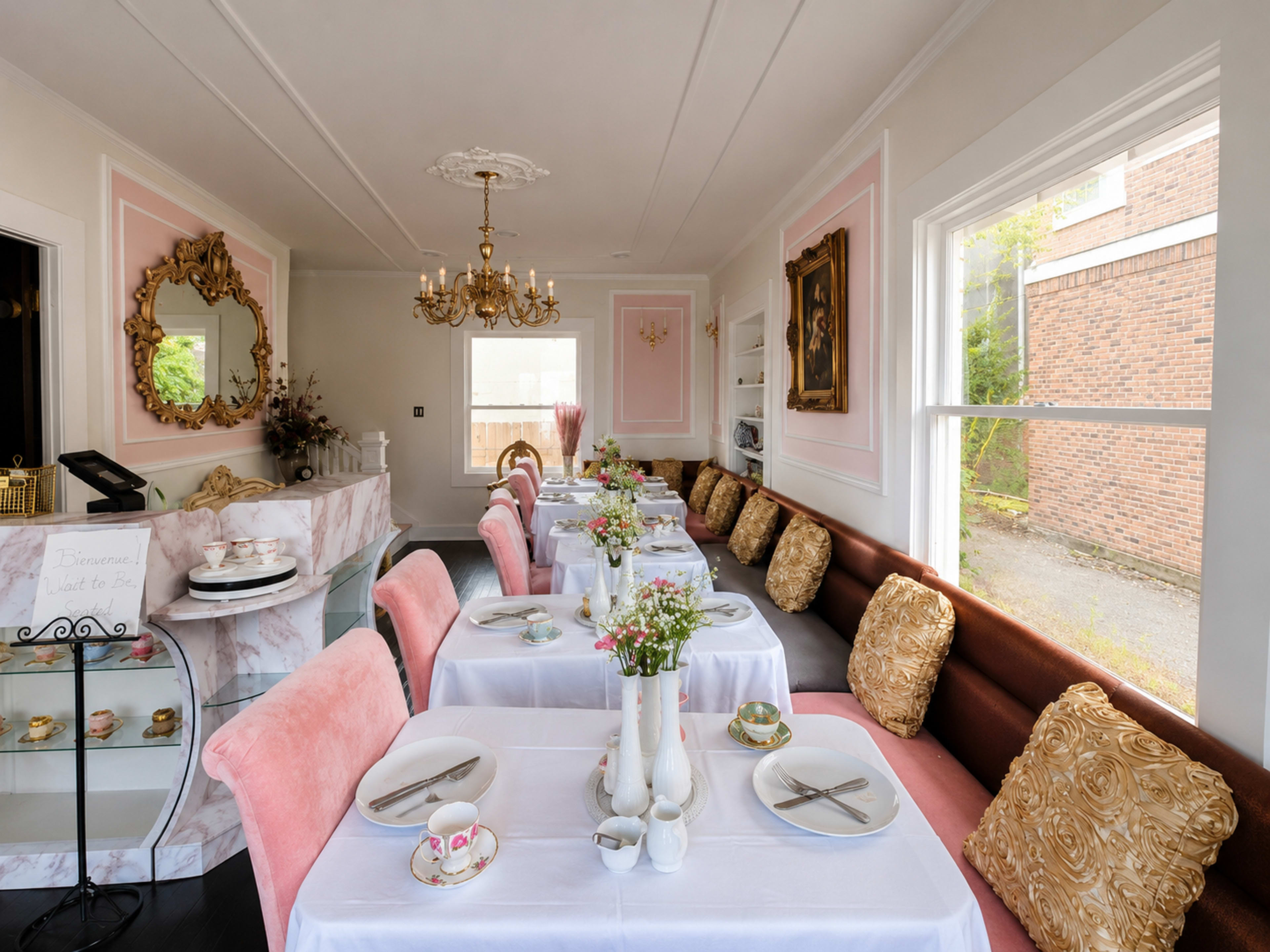 The image shows a neatly arranged dining area with tables set for breakfast, featuring pink and white decor, floral centerpieces, and ornate chairs.