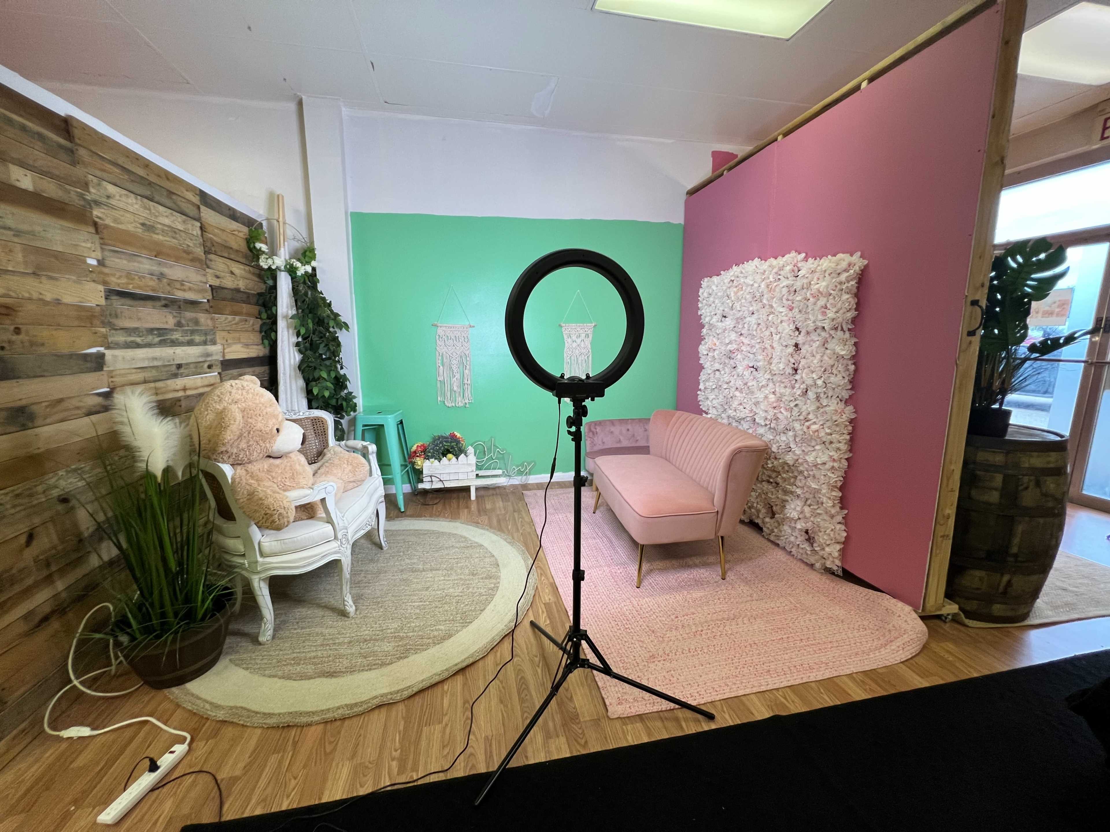 A photography studio setup with a green and pink backdrop, a ring light, a cozy area with two chairs, a large teddy bear, and decorative elements.