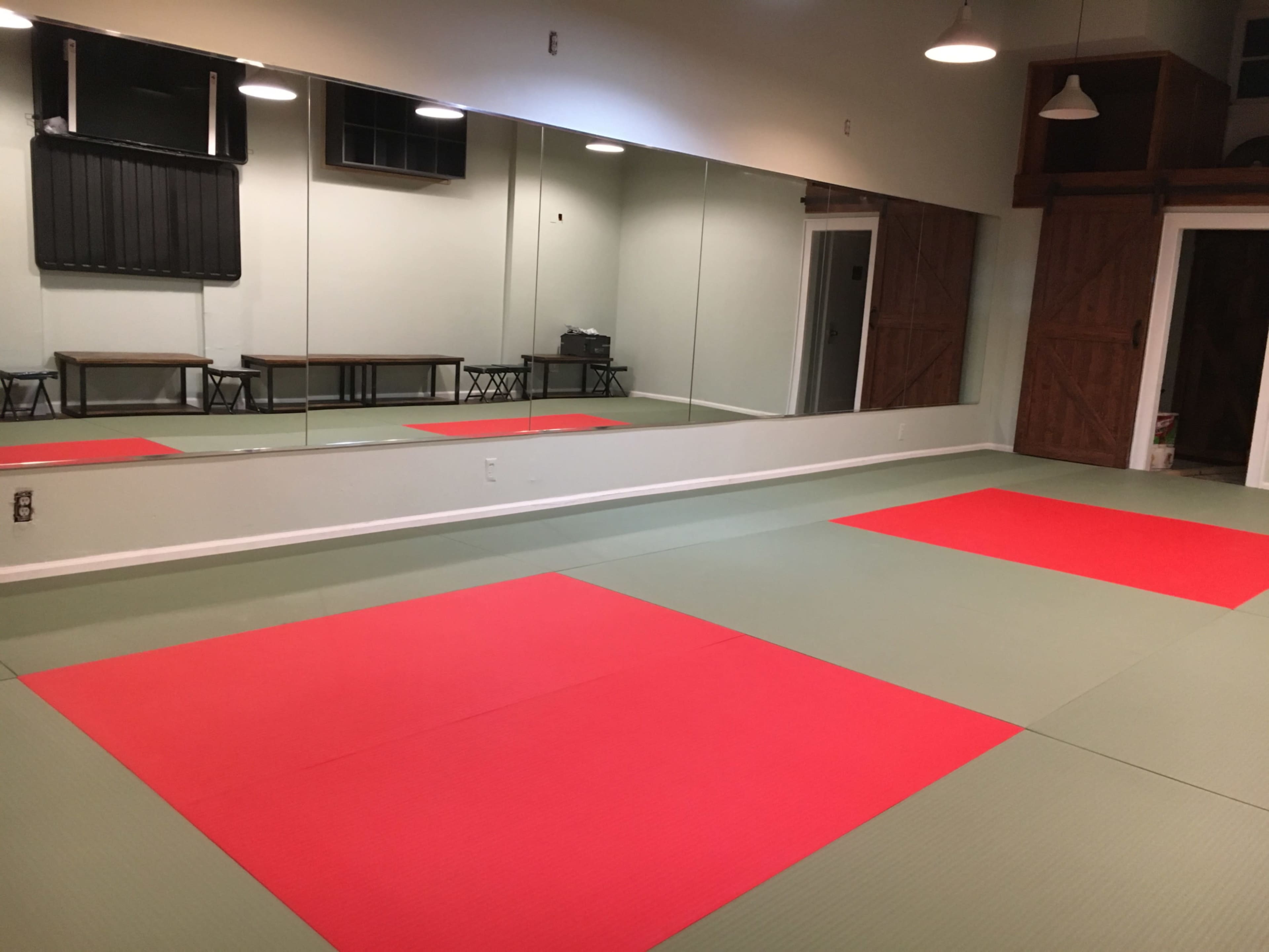 The image shows a spacious interior room with mirrored walls and red mats laid on a green floor.