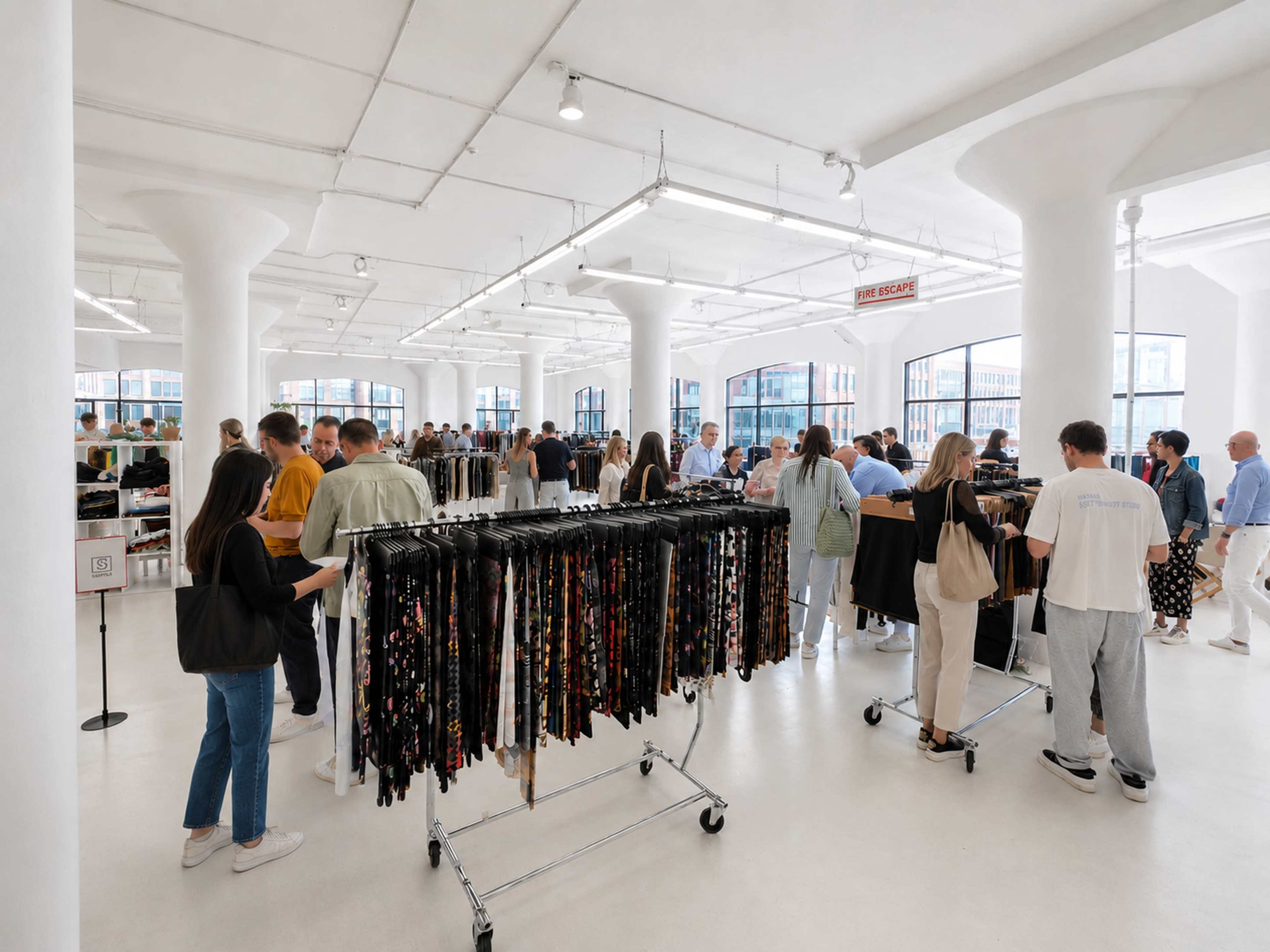 The image shows a large, bright retail space with many shoppers browsing clothing racks while standing in a crowded area.