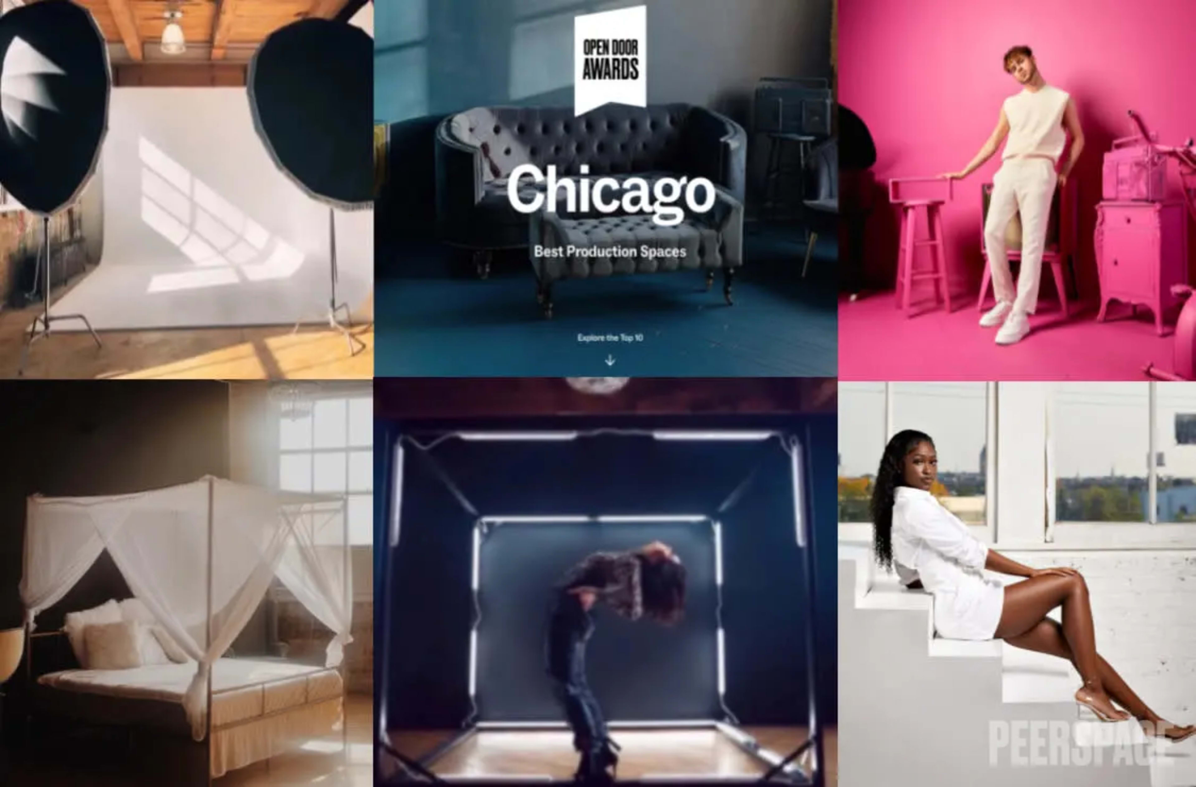 A grid of six scenes highlighting diverse production spaces in Chicago, featuring various setups including photography studios, stylish furniture, and a model in different poses.
