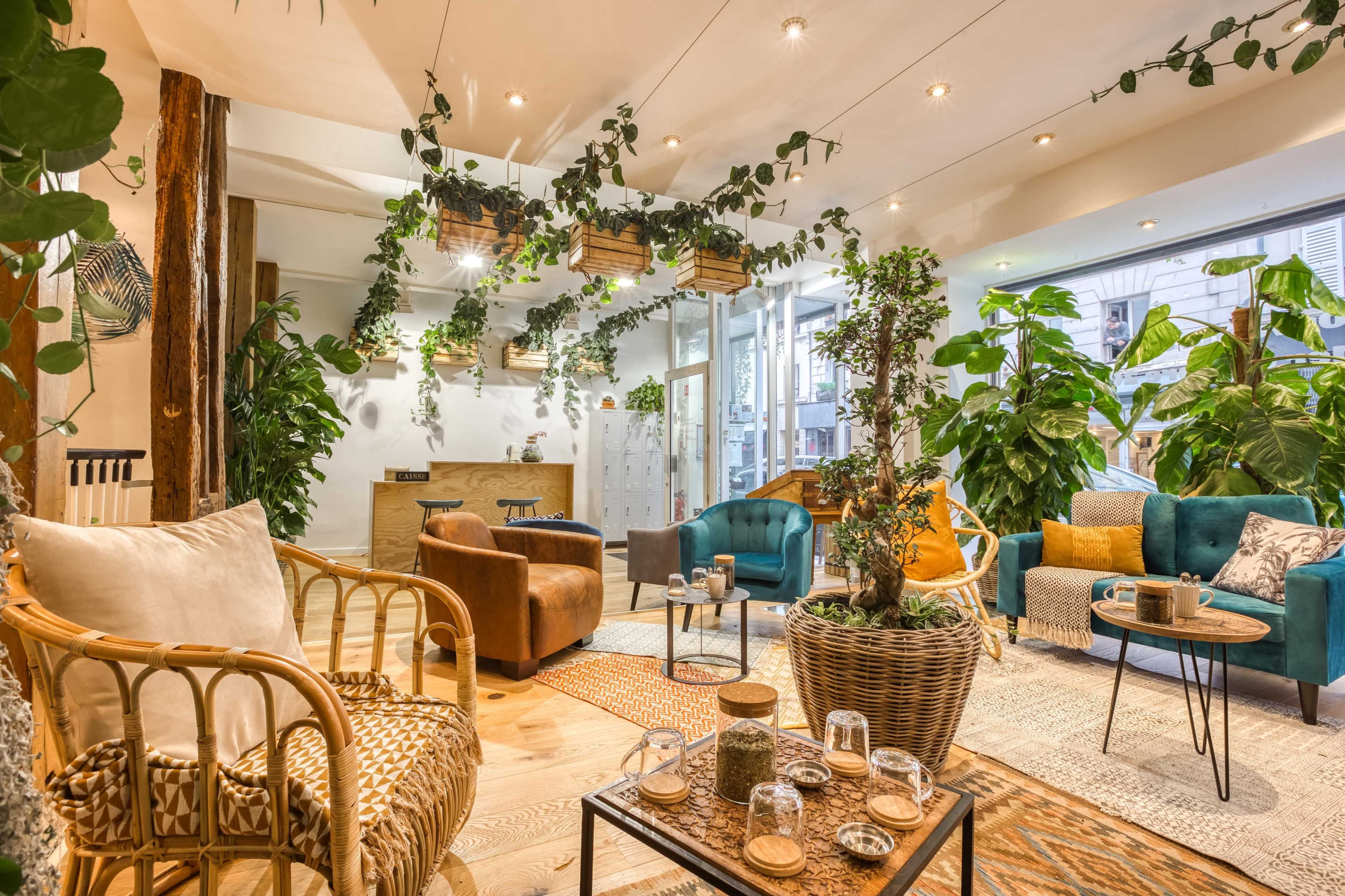 A cozy interior space featuring a mix of rattan and upholstered furniture, lush green plants, and warm lighting.