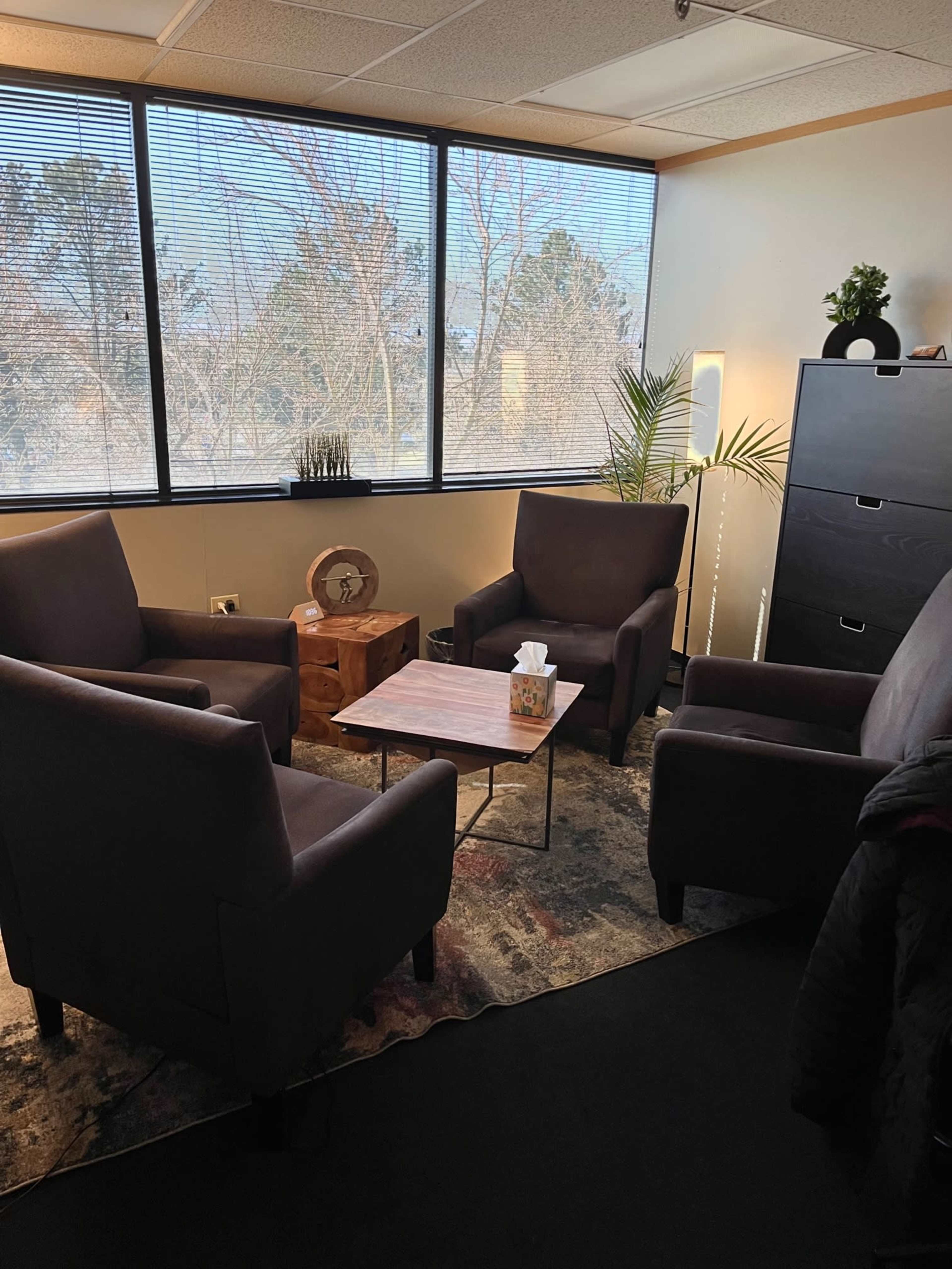 The image shows a small, furnished office with two armchairs, a coffee table, and a storage cabinet, all set near large windows offering a view of trees outside.