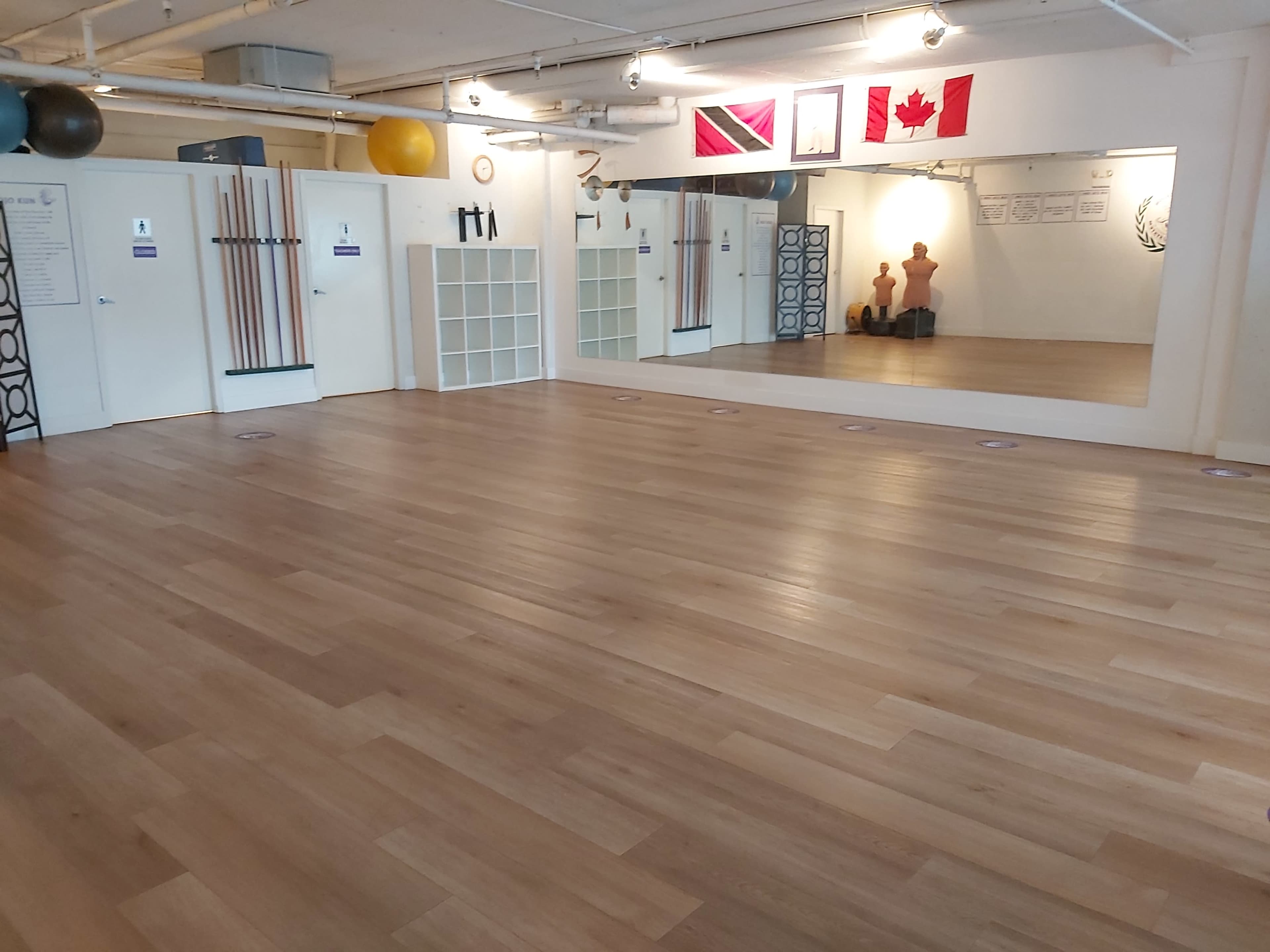 The image shows a spacious studio with hardwood flooring, white walls, various flags displayed, and a large mirror reflecting the interior.