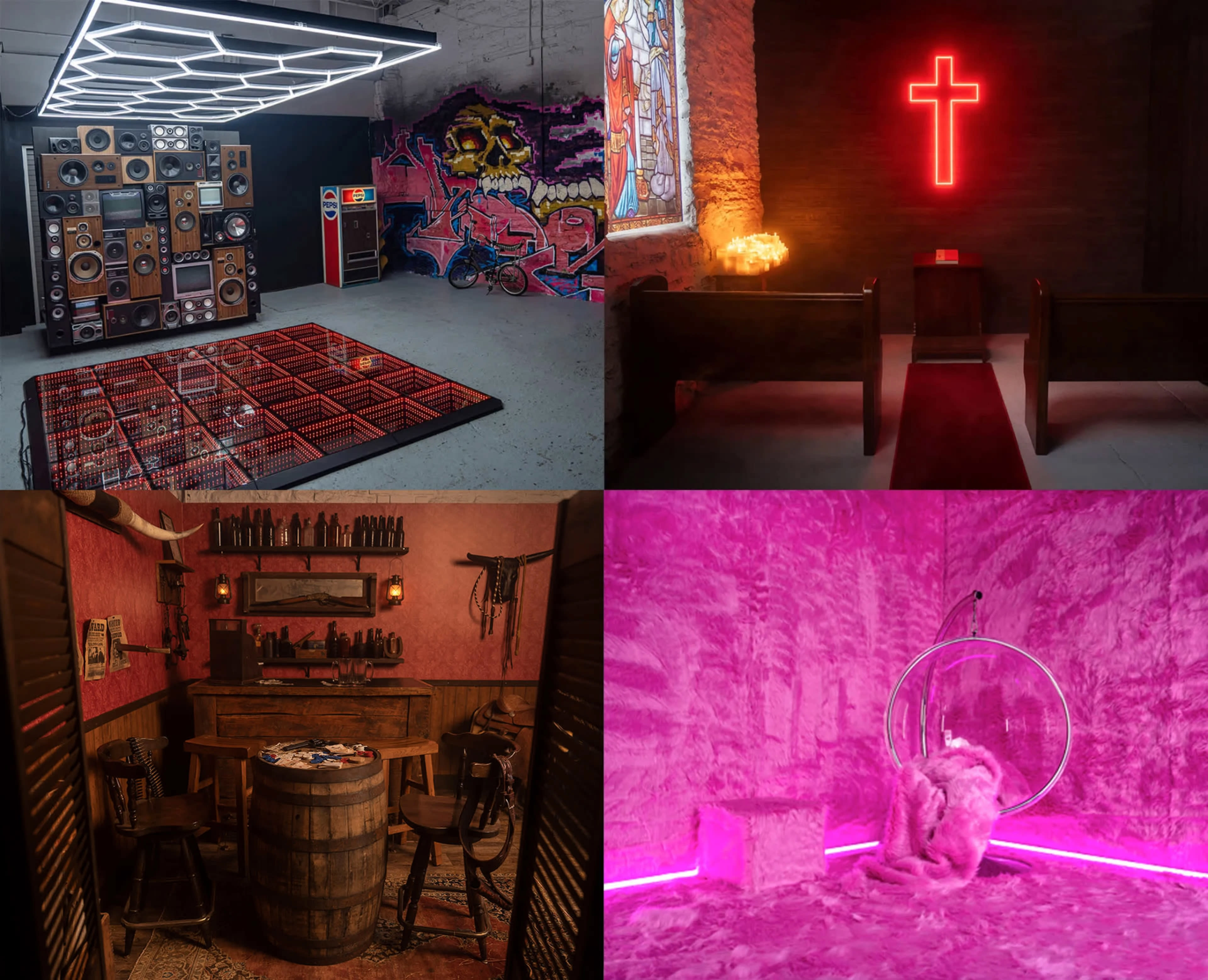 The image features four distinct rooms, each showcasing unique decor: a vibrant room with a wall of speakers and neon lights, a chapel-like space with a glowing red cross, a rustic bar with wooden barrels and vintage items, and a pink-lit area with a mounted circle and textured wall.