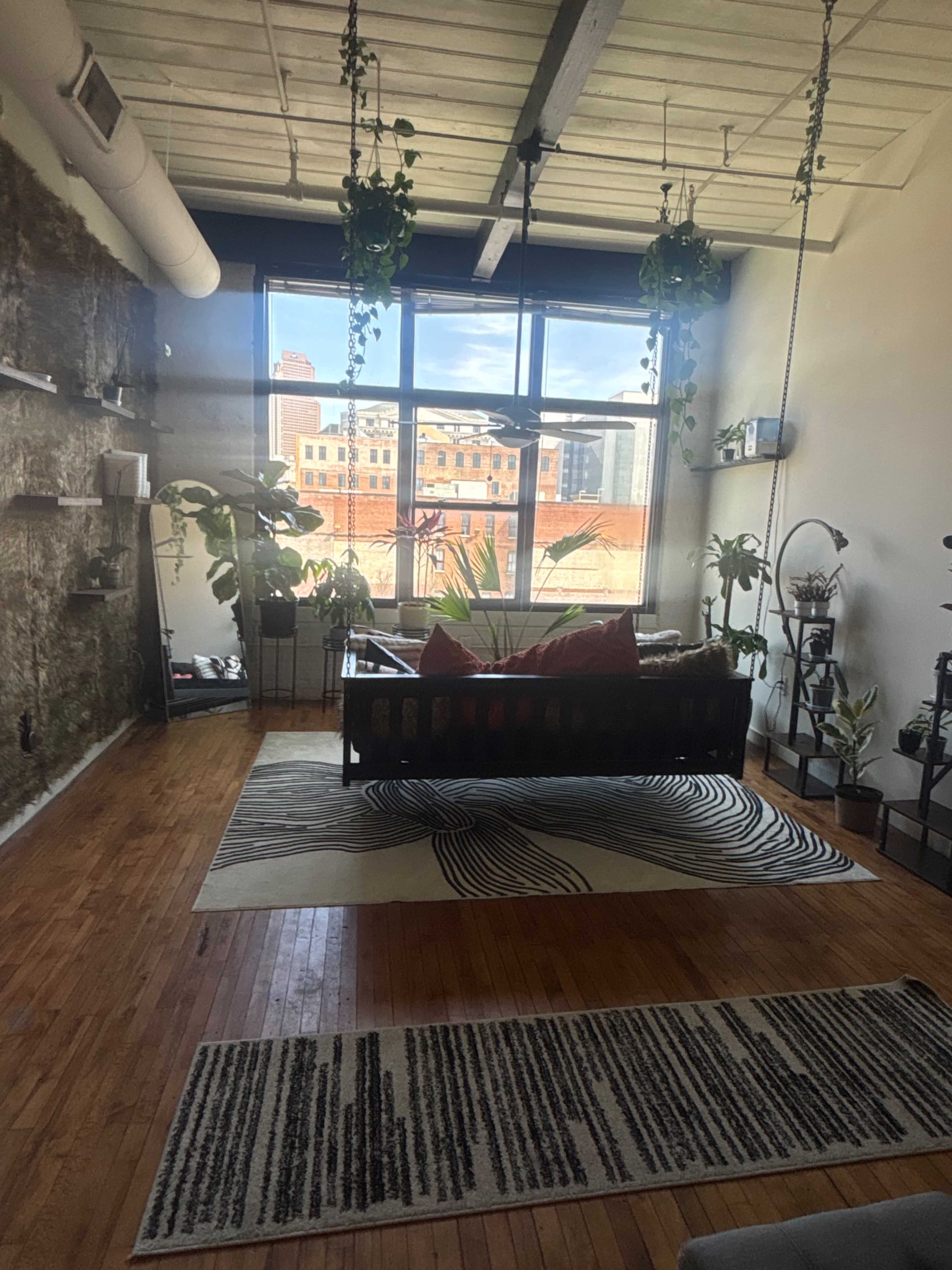 The image shows a spacious, well-lit living room with large windows, hardwood floors, a black sofa, and various houseplants.