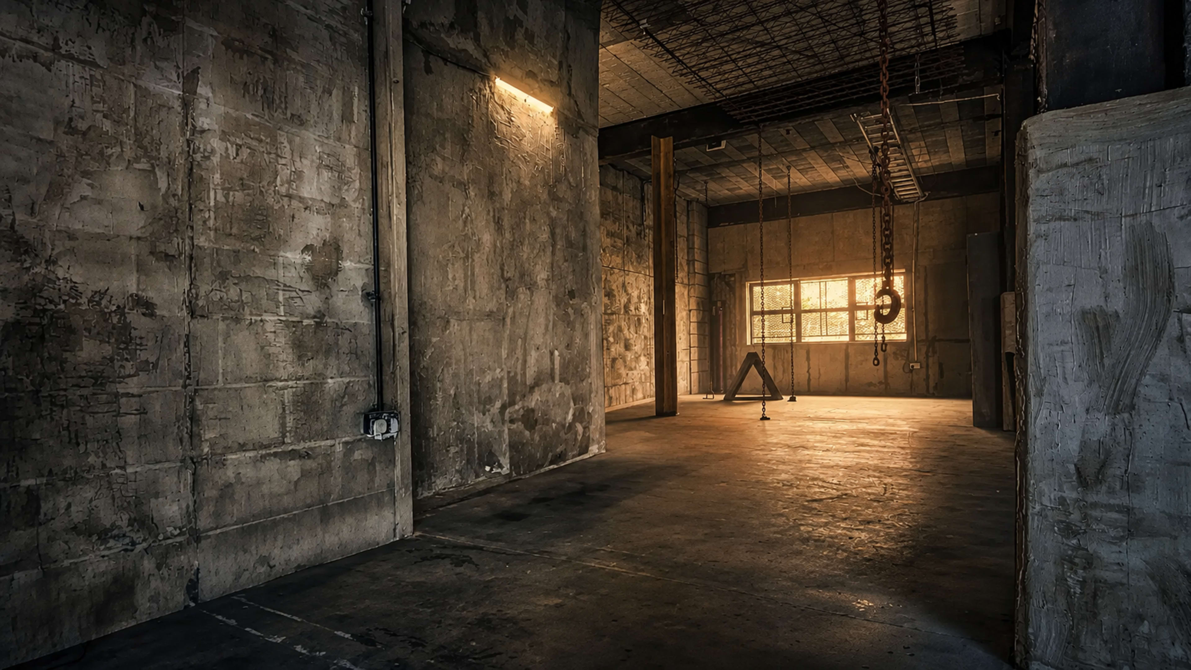 The interior of an industrial space features exposed concrete walls and a large open area with dim lighting and a single window letting in sunlight.