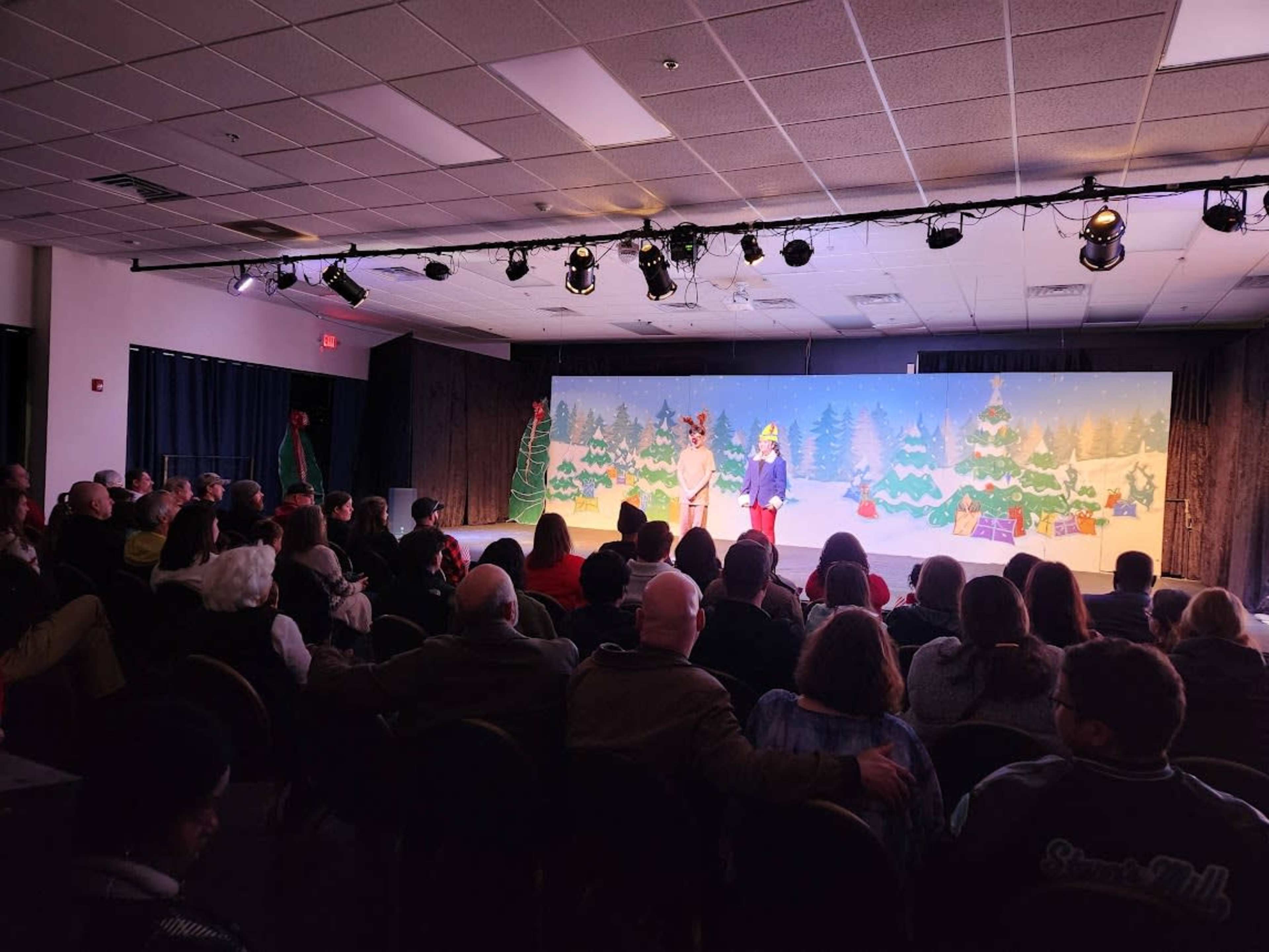 A live theatrical performance is taking place on stage, with an audience seated in front, and a festive set featuring Christmas trees in the background.