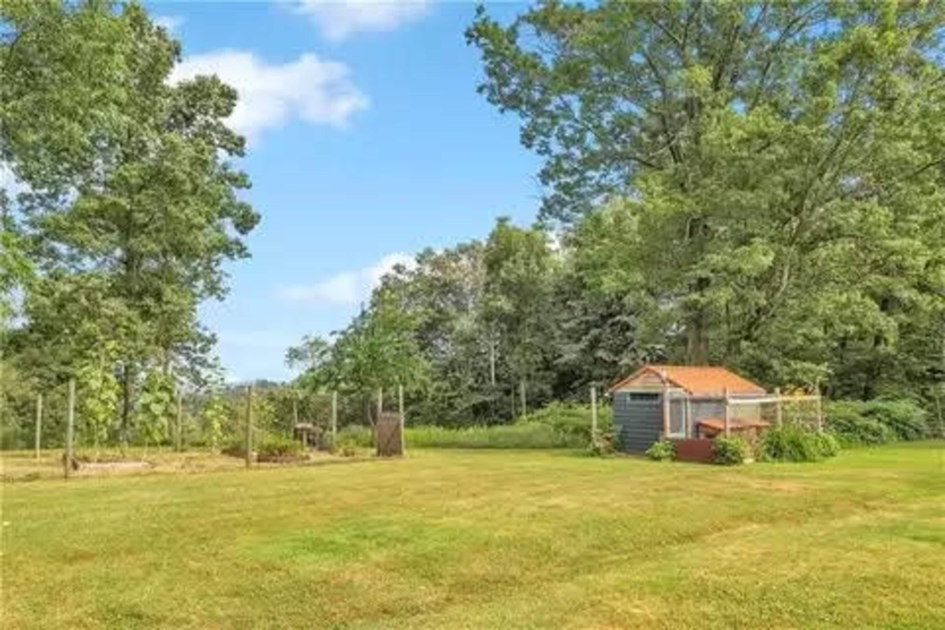 A grassy field features a small shed surrounded by a garden and trees under a clear sky.