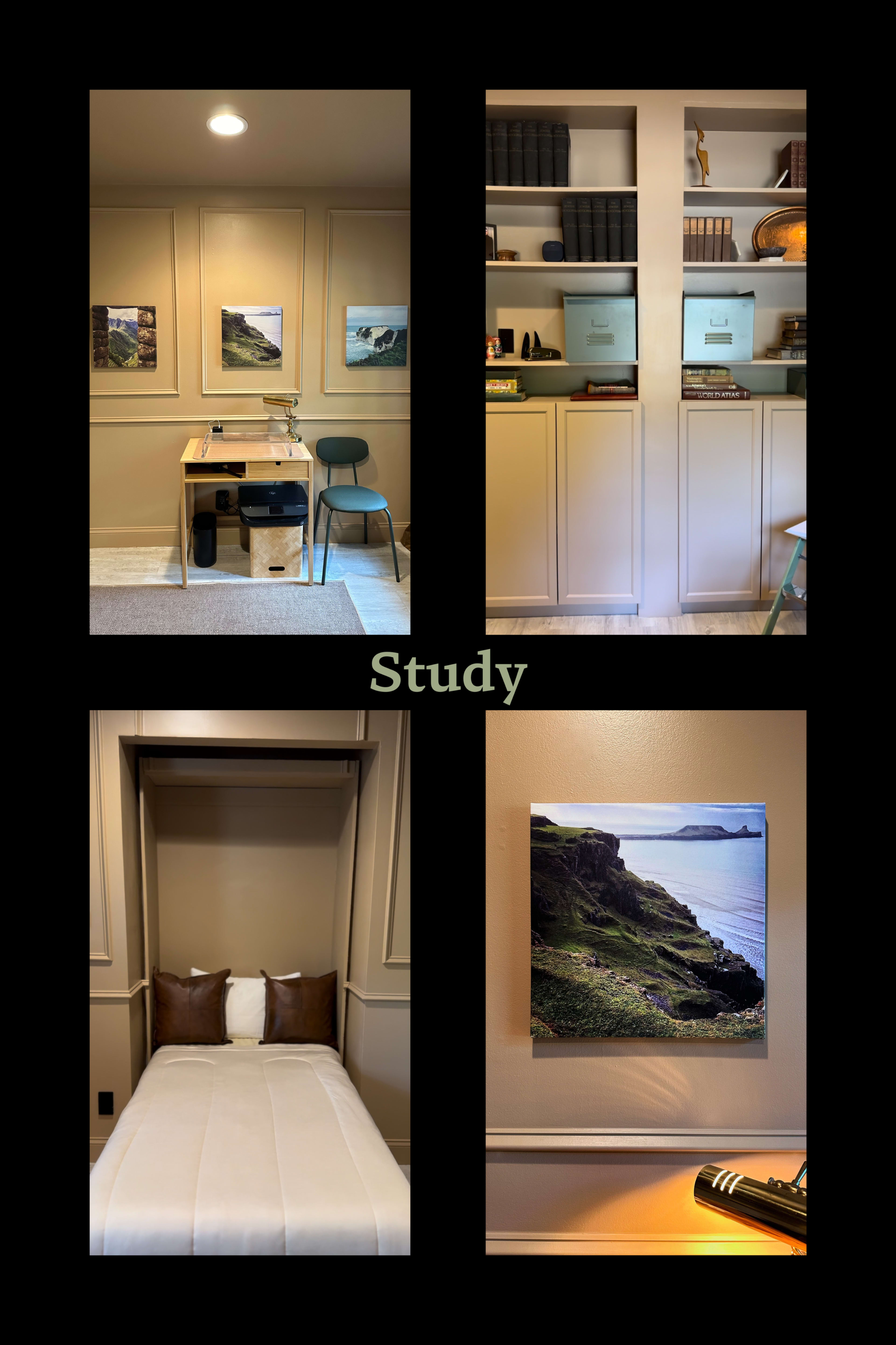 The image depicts a study with a desk, shelves filled with books, a pull-down bed, and framed landscape artwork on the walls.